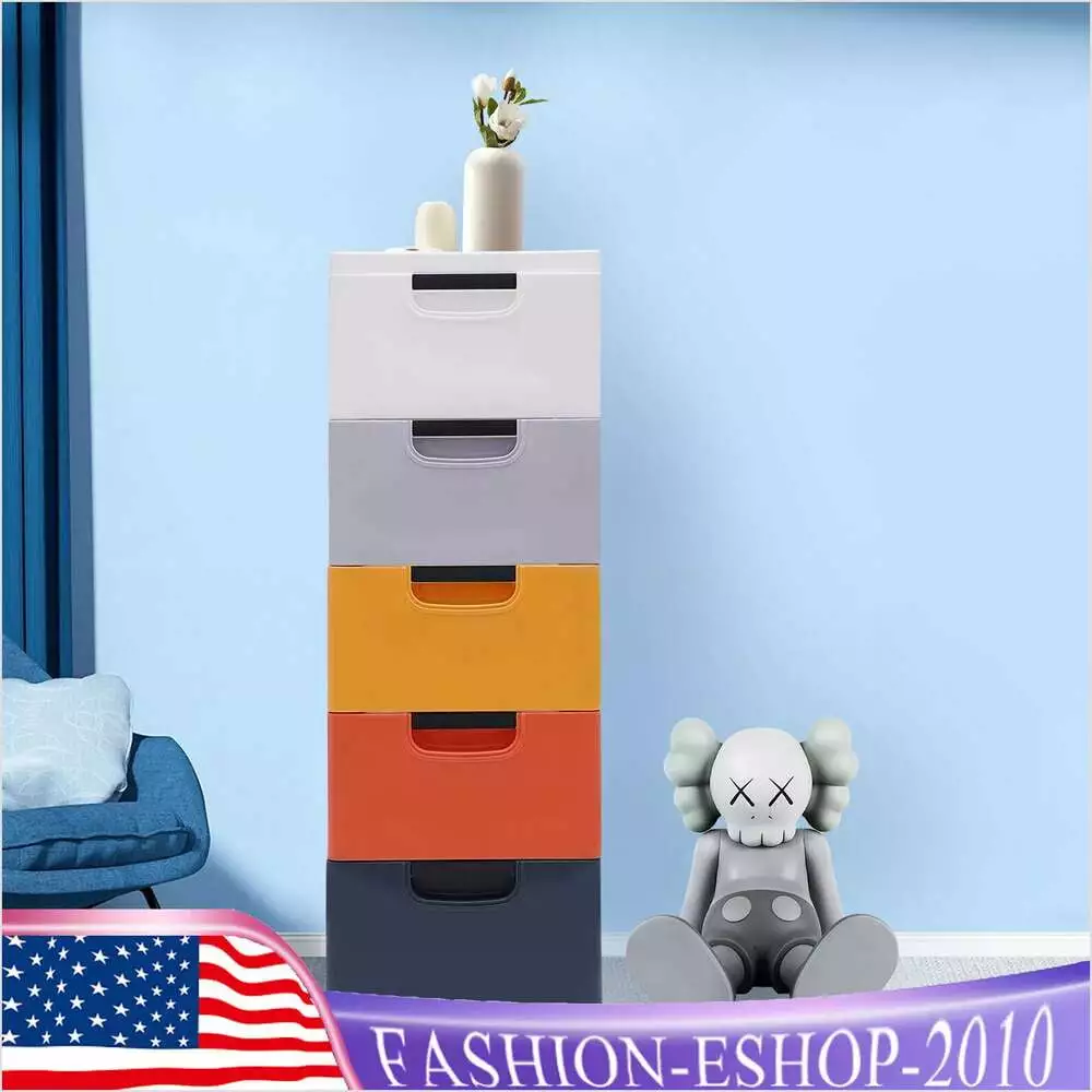 4 Wheel 5 Drawer Morandi Plastic Dresser Stackable Clothes Storage Cabinet Rerishom
