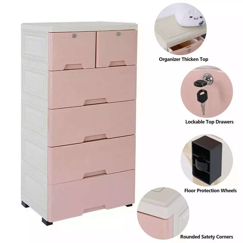 6-Drawer Plastic Cabinet Closet Organizer Storage Dresser Clothes Pink RoseChic