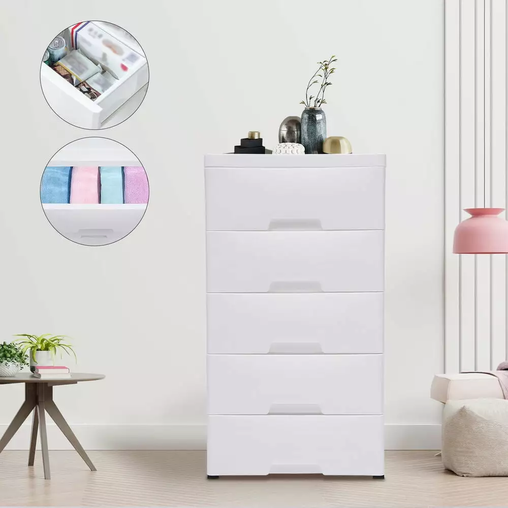 Chest 5 Drawers Plastic Stackable Tower Dresser Clothes Storage RoseChic