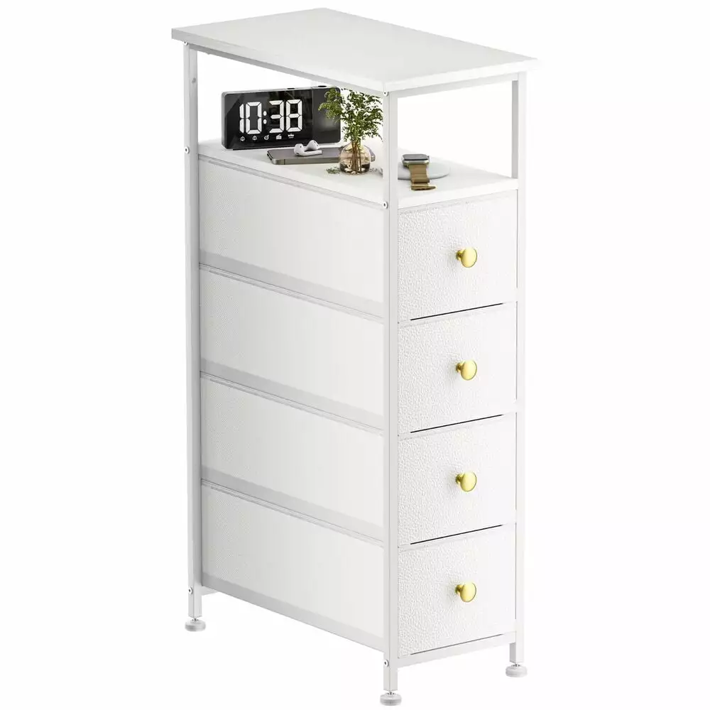 4 Narrow Drawers Dresser Shelves, Leather and Wood Top Bedroom, Bathroom RoseChic