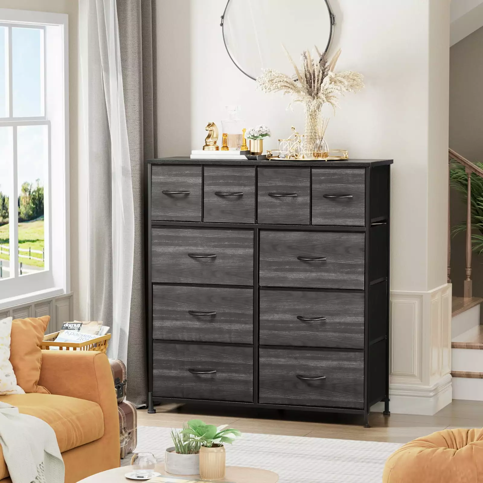SamyoHome 4 Tier 10 Drawer Dresser Bedroom Tall Dresser Fabric Bins Storage Tower Unit Black