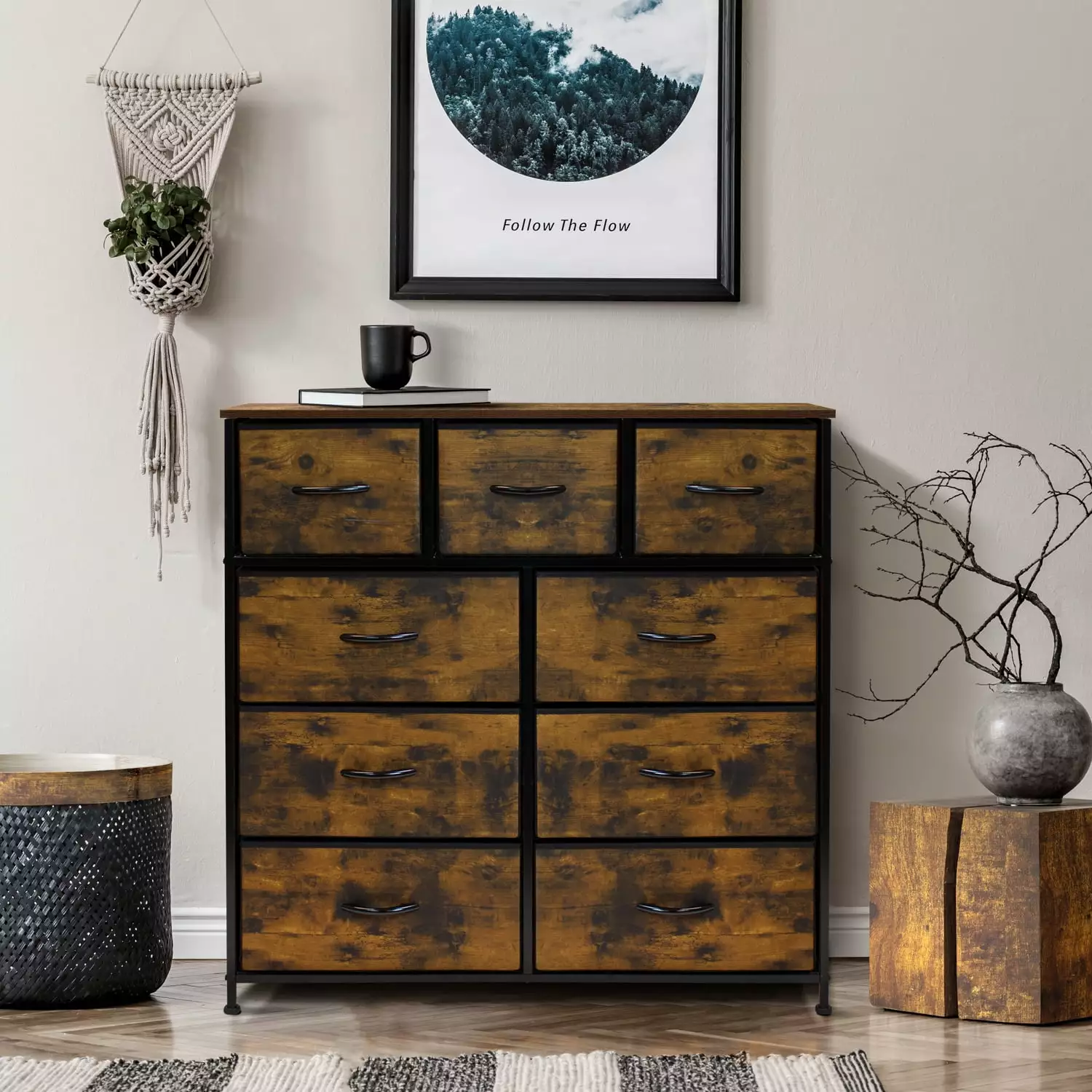 Sorbus Fabric Dresser 9 Drawers Bedroom Chest Arranger Steel Frame Fabric Bins and Wood Handle Rustic Wood