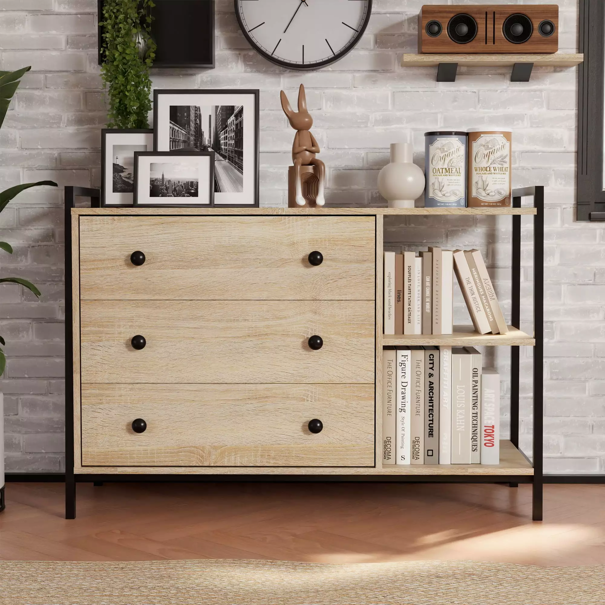 SunsGrove 3 Drawer Dresser Side Shelf Bedroom Entryway or Office