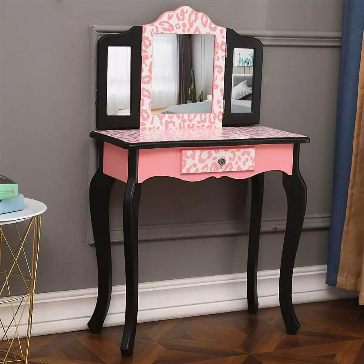 Three-Fold Mirror Single Drawer Arc Feet Children Dresser Red Leopard Print Sythers