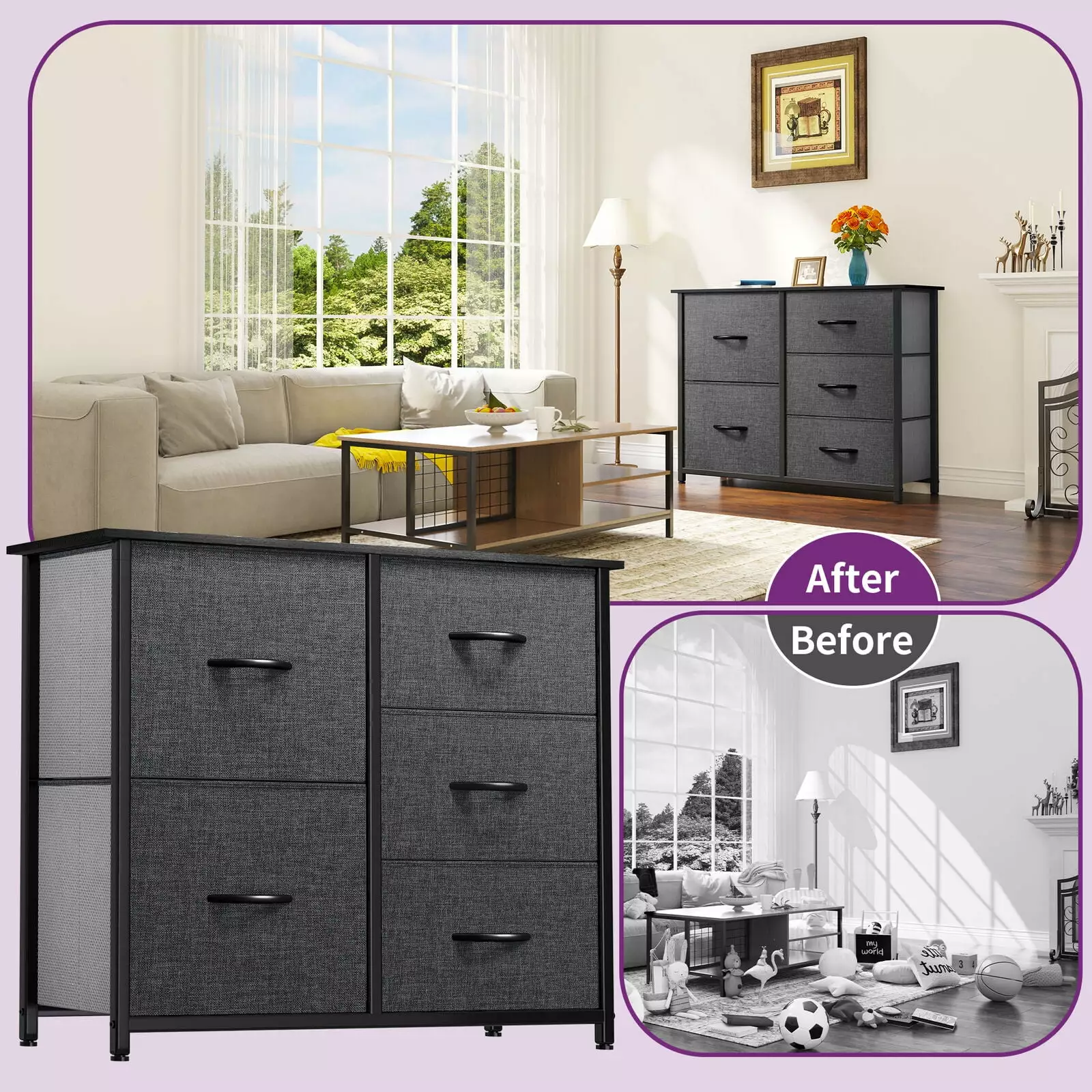 5-Drawer Dresser Furniture Storage Chest Tower Arranger Black Bedroom UNBRAND