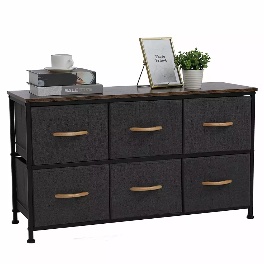 Veryke 6 Fabric Drawer Dresser Wooden Top and Metal Frame Storage Arranger Dark Gray