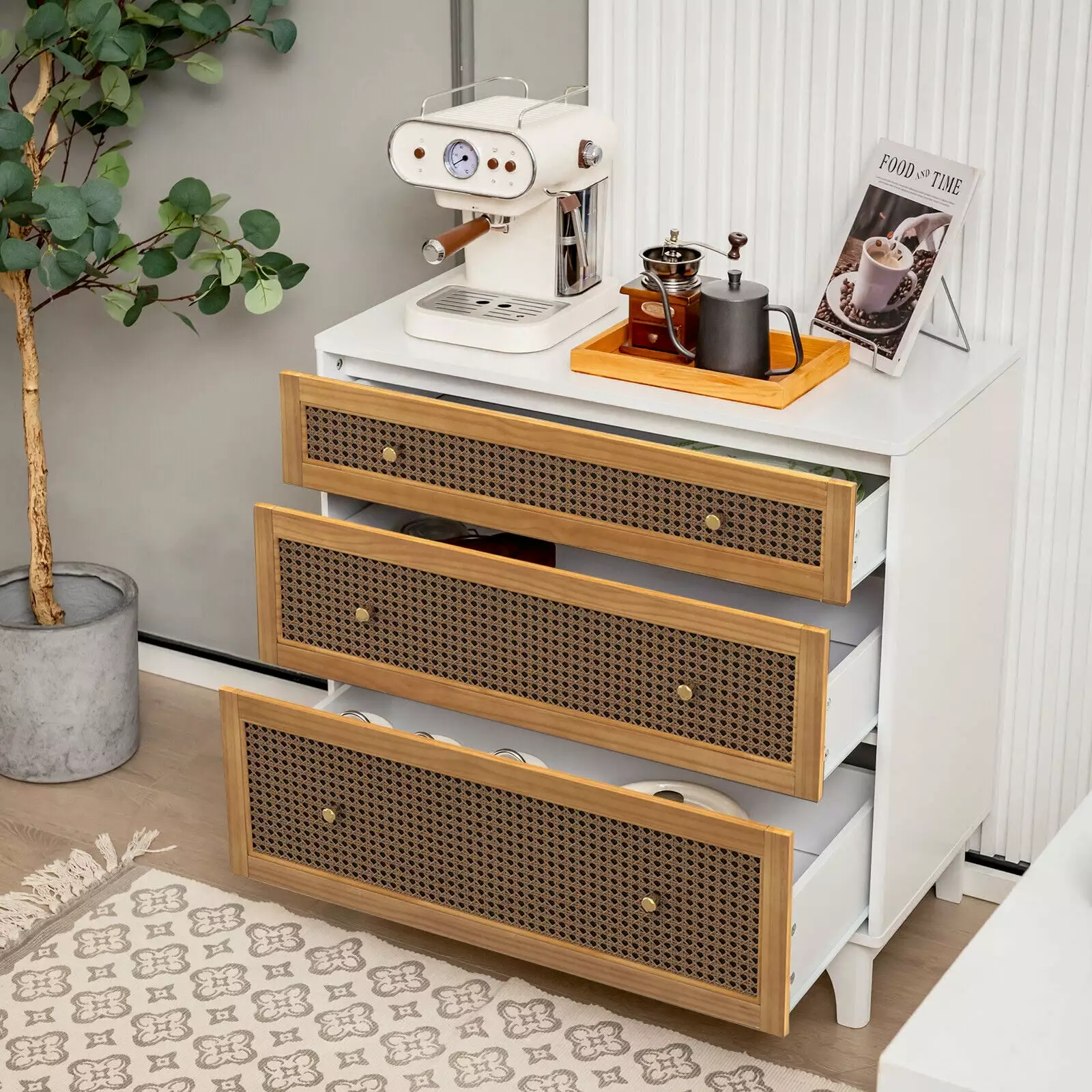Vicamelia Modern White & Brown Rattan 3-Drawer Dresser Living Room Bedroom
