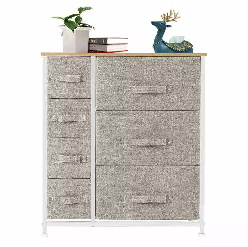 Winado 7 Drawer Dresser Steel Frame and Wood Top, Modern Bedroom Storage Cabinet Easy Pull Fabric Bins Beige