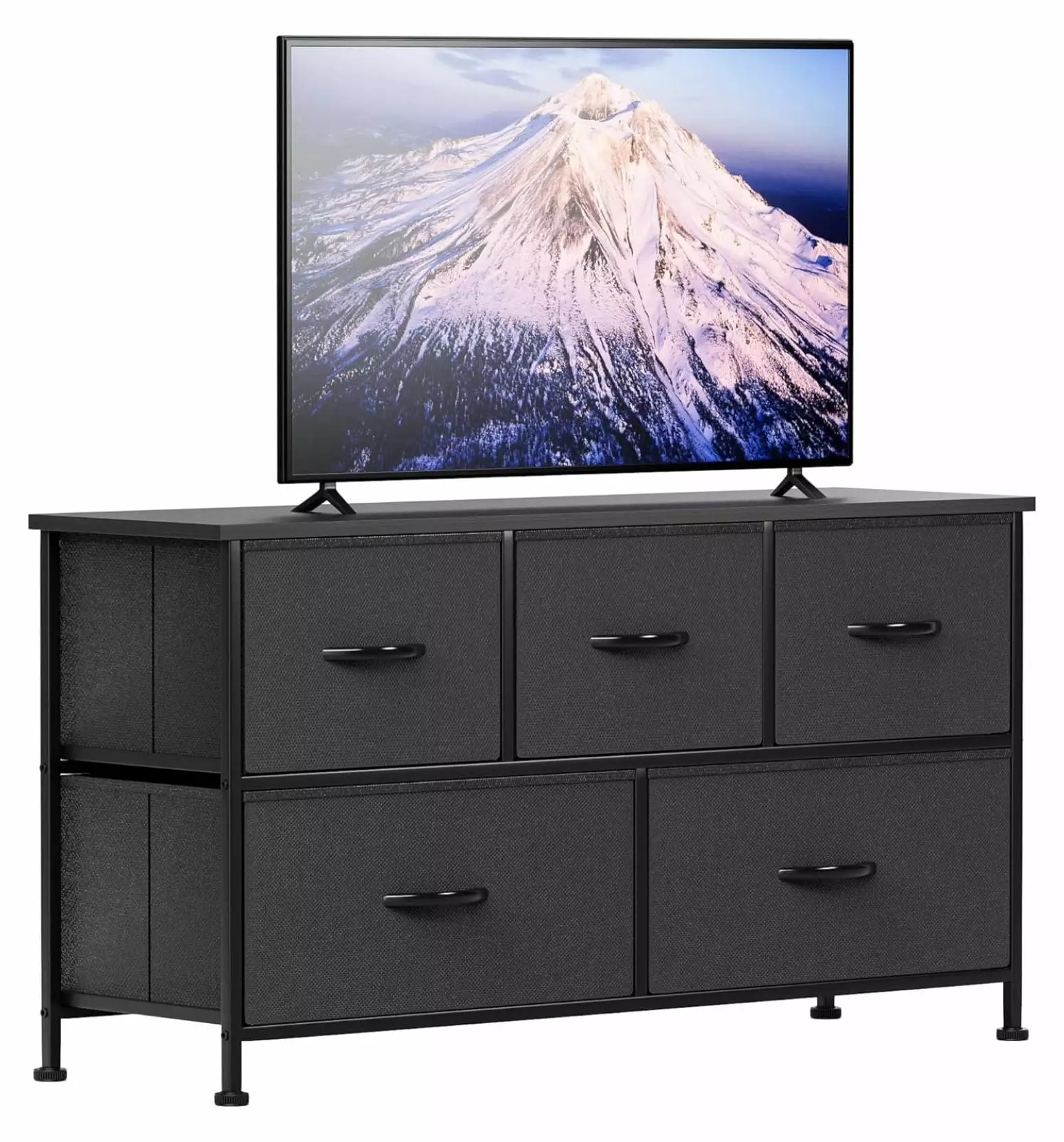 xu wei Fabric Dresser TV Stand Bedroom 5 Drawers Wide Chest Storage Unit Black