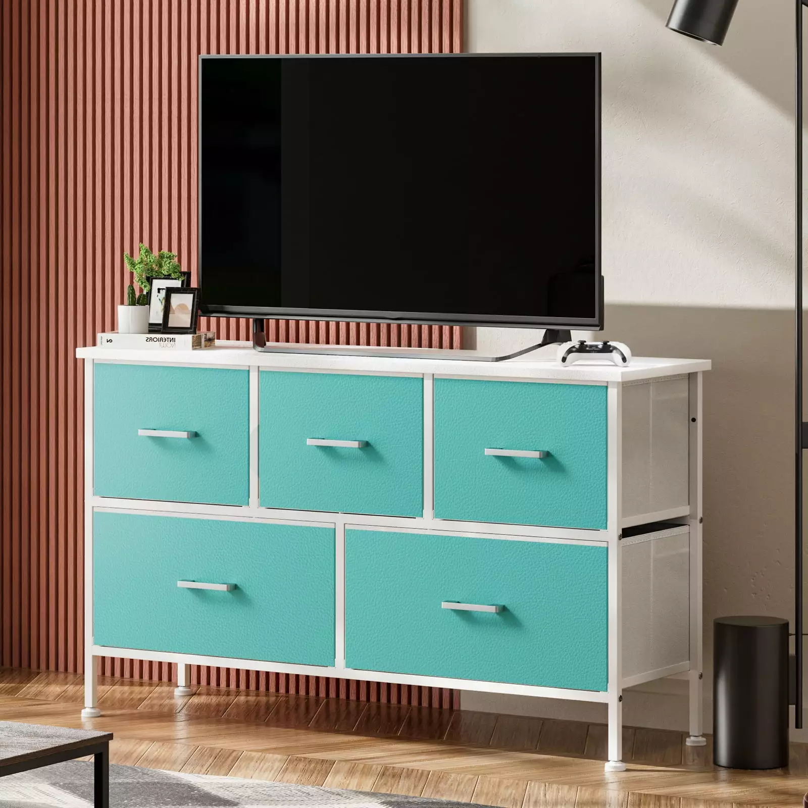 YILQQPER Dresser 5 Drawers TV Stand Bedroom Sturdy Steel Frame Leather Finish Wood Top Blue