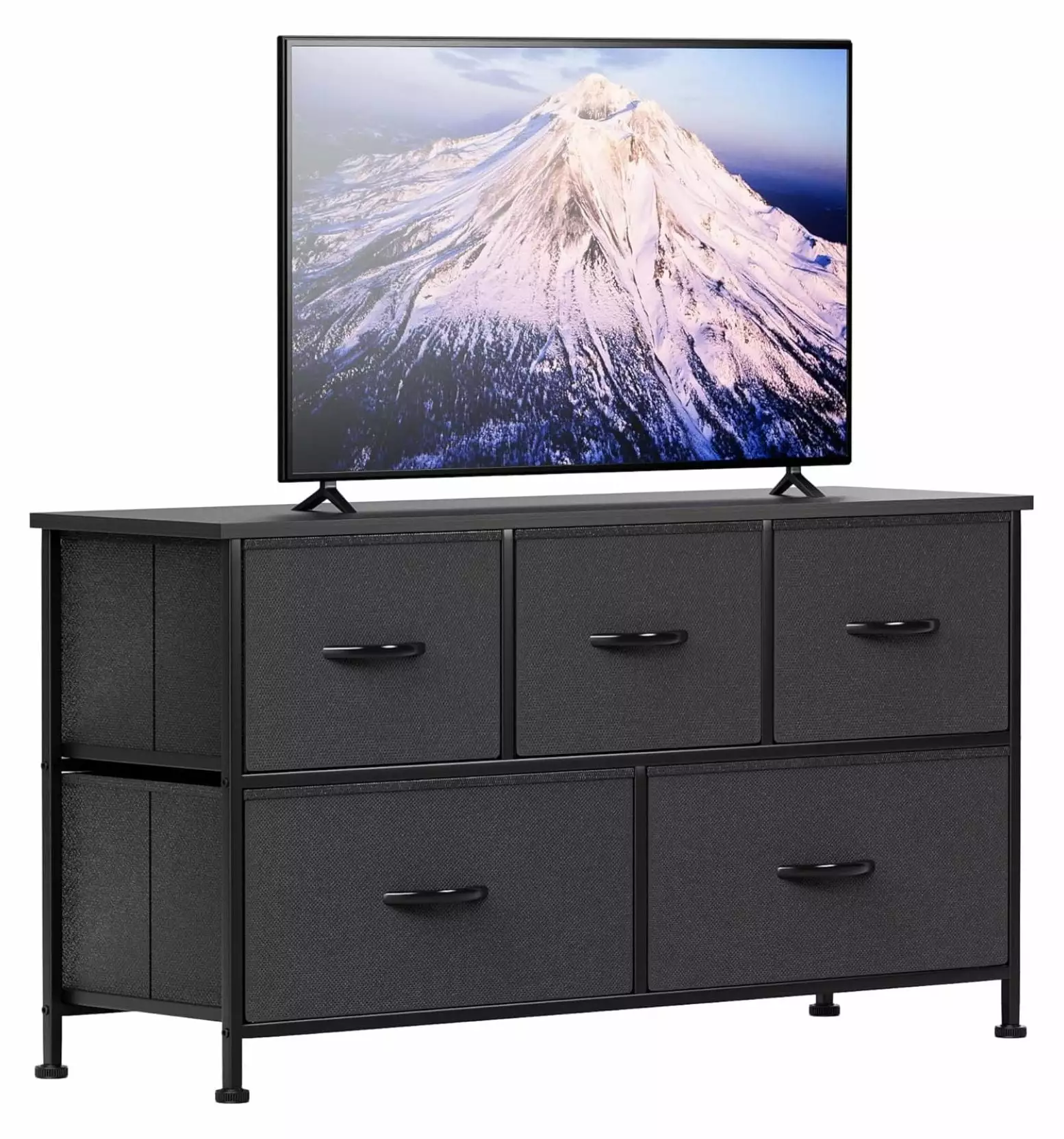 YuraZH Fabric Dresser TV Stand Bedroom 5 Drawers Wide Chest Storage Unit Black