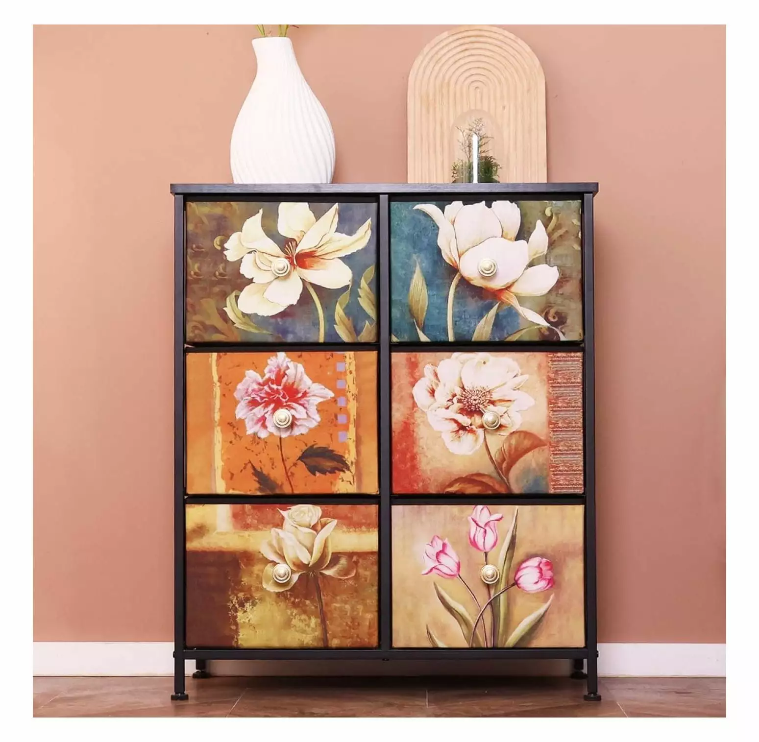 Zengpin Dresser Bedroom 6 Drawers, Wood Top and Fabric Drawers, Storage Chest Closet, Living Room, Hallway, Nursery, and E...