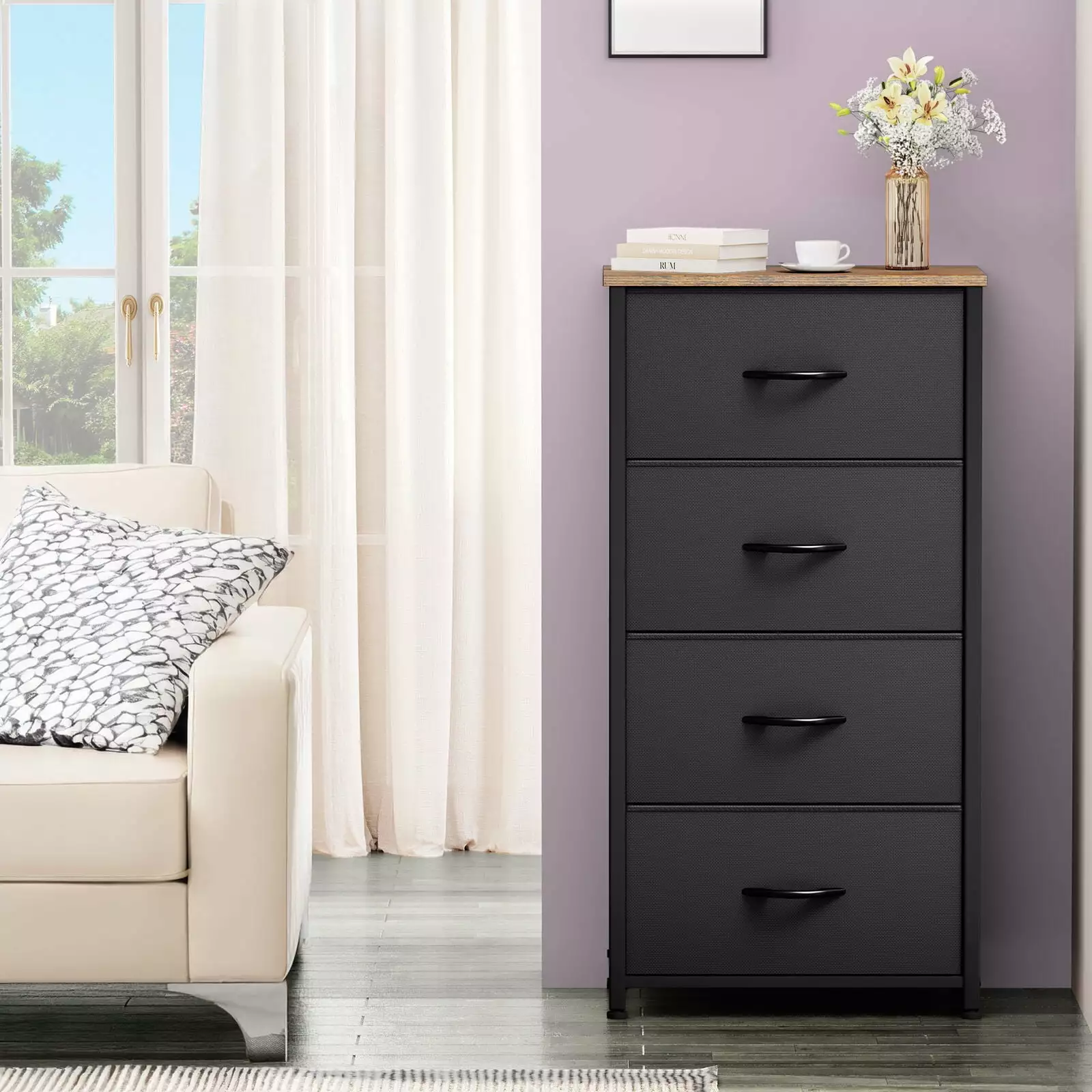 ZGBY Dresser 4 Drawers Fabric Dresser Arranger Easy Pull Fabric Bins Black ZGBY Home Products