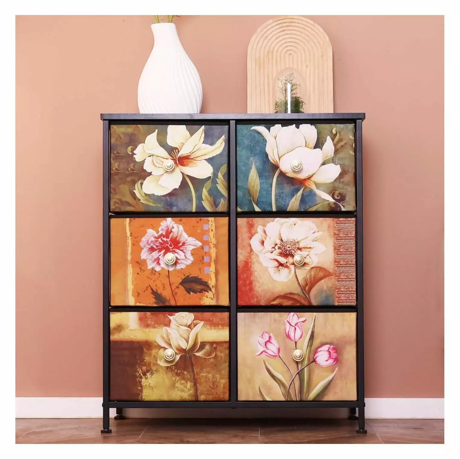 ZHANGHU Dresser Bedroom 6 Drawers, Wood Top and Fabric Drawers, Storage Chest Closet, Living Room, Hallway, Nursery, and E...