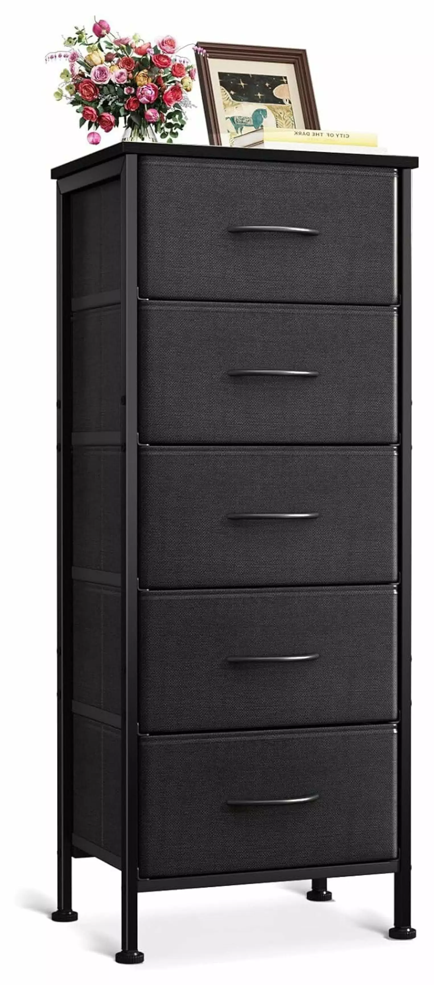 ZHAOTONG 5 Drawer Fabric Dresser Bedroom Sturdy Steel Frame Black
