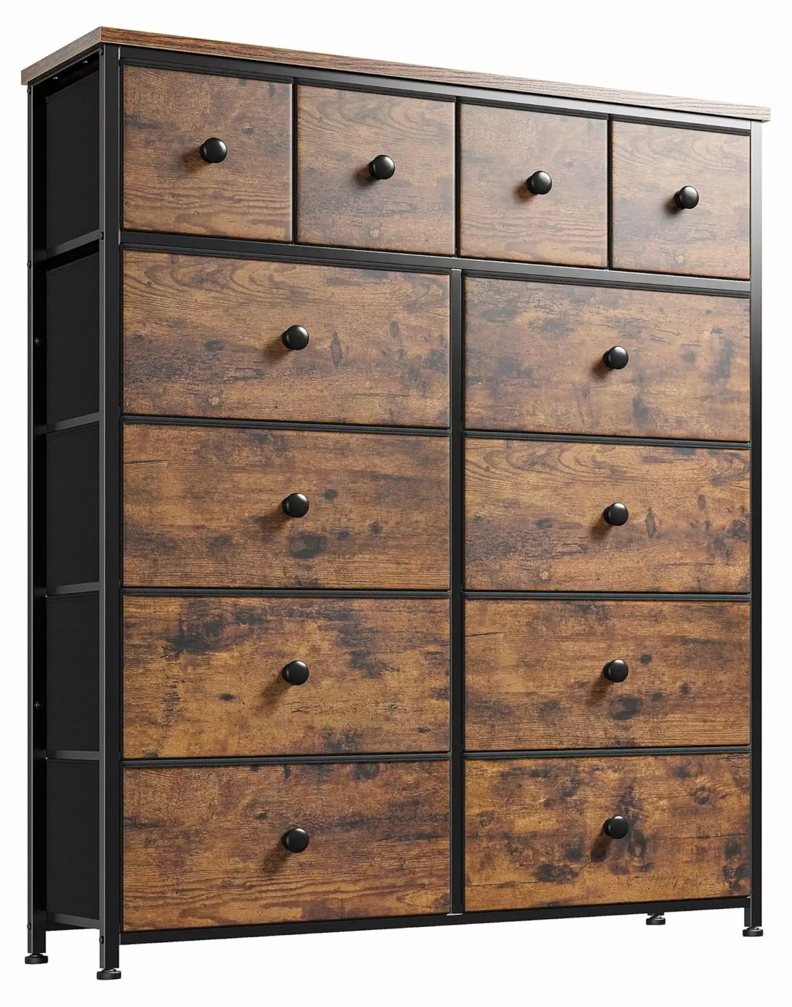 ZHAOTONG Rustic Brown Dresser Bedroom 12 Drawers, Wood Top and Metal Frame, Fabric Chest Drawers Closet and Living Room