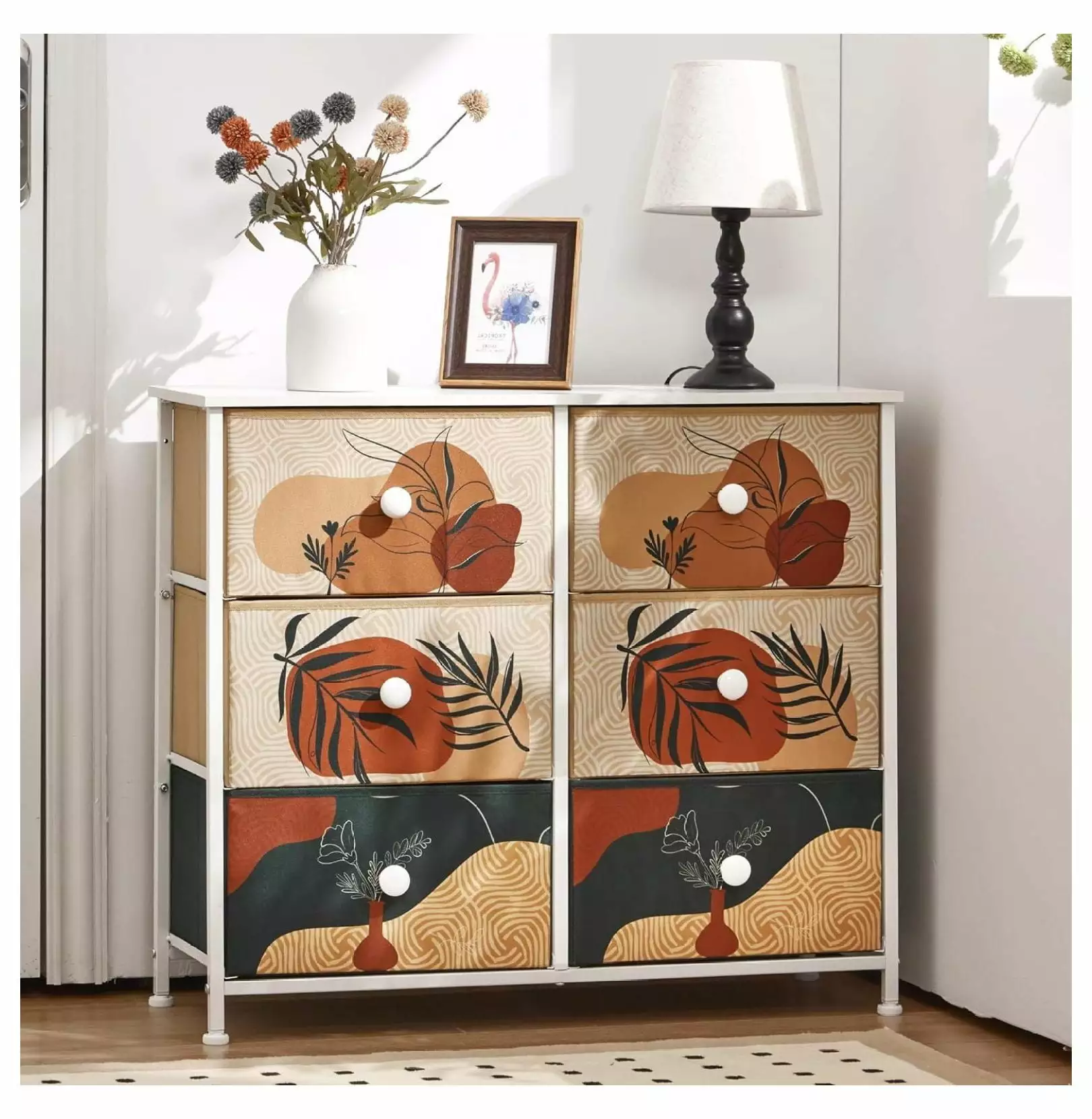 ZJINJIN 6 Drawer Dresser Bedroom Small Boho Fabric Dresser Wood Top Metal Frame