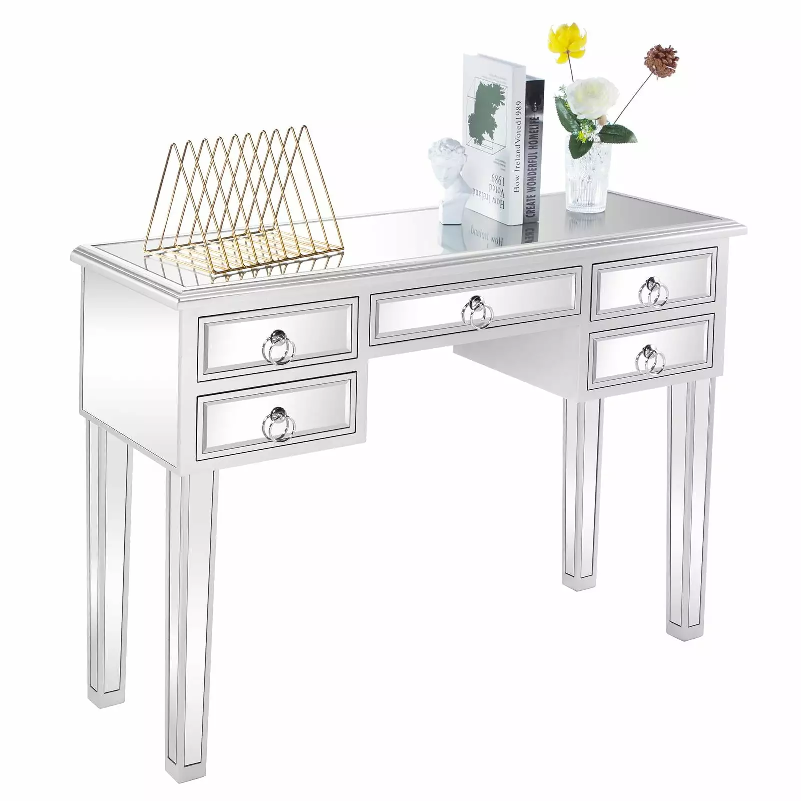 SamyoHome Make-Up Desk Dressing Table Silver Glass Top Bedroom Console