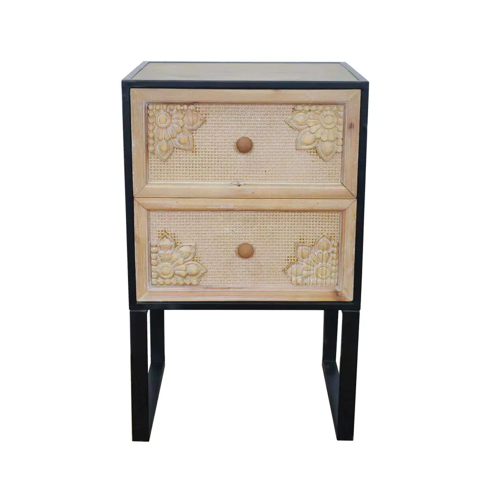 Black All-metal and Wood Side Table 2 Floral Design Drawers, 16'' x 13-1/2'' x 25-1/2''