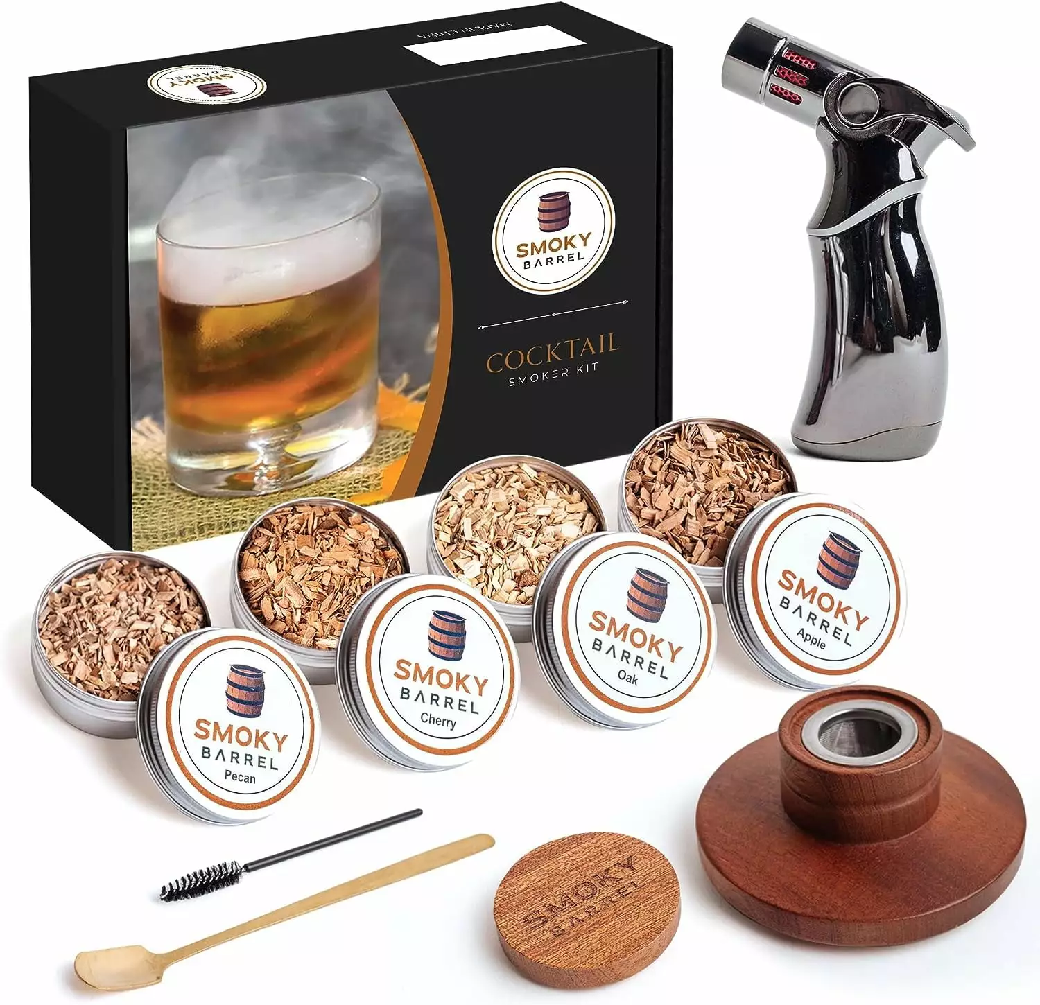 Smoky Barrel Cocktail Smoker Kit Torch 4 Wood Chips Infutilizer Top Whiskey