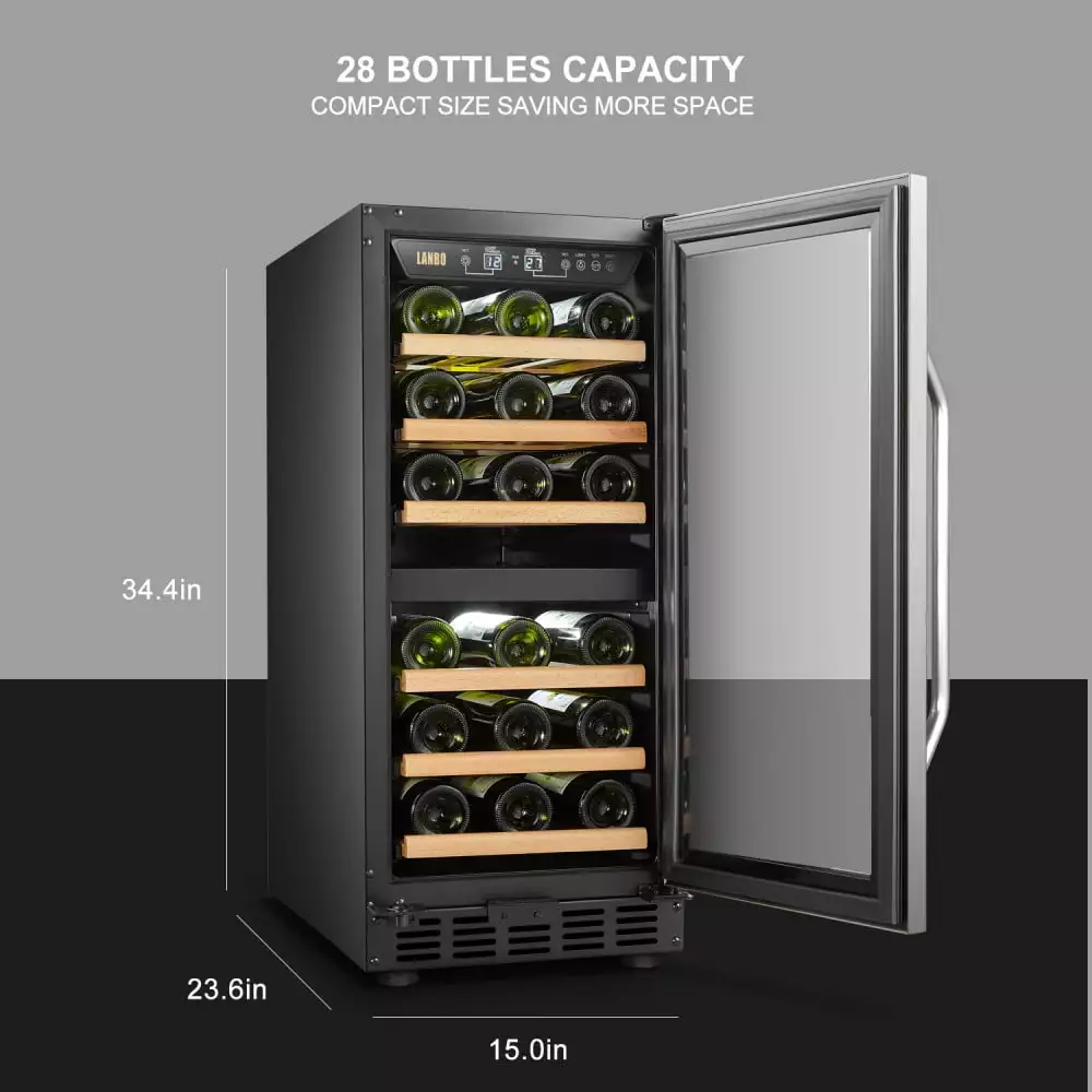 Lanbo LW28D 15 Inch Dual Zone Compressor Wine Cooler 28 Bottle Capacity Built or Freestanding