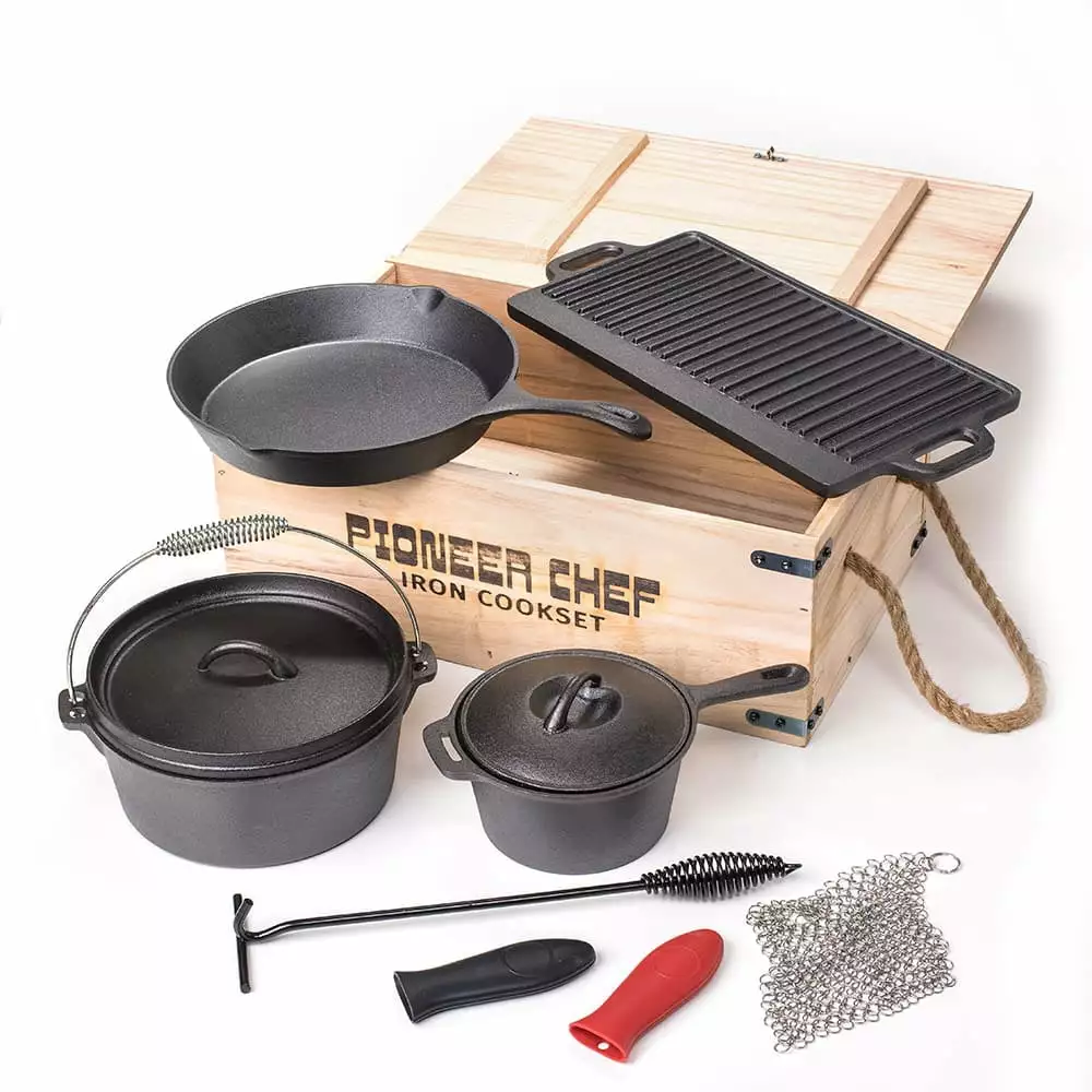 Prospectors Iron Cookware Camping Dutch Oven Set 8 Piece Wood Box