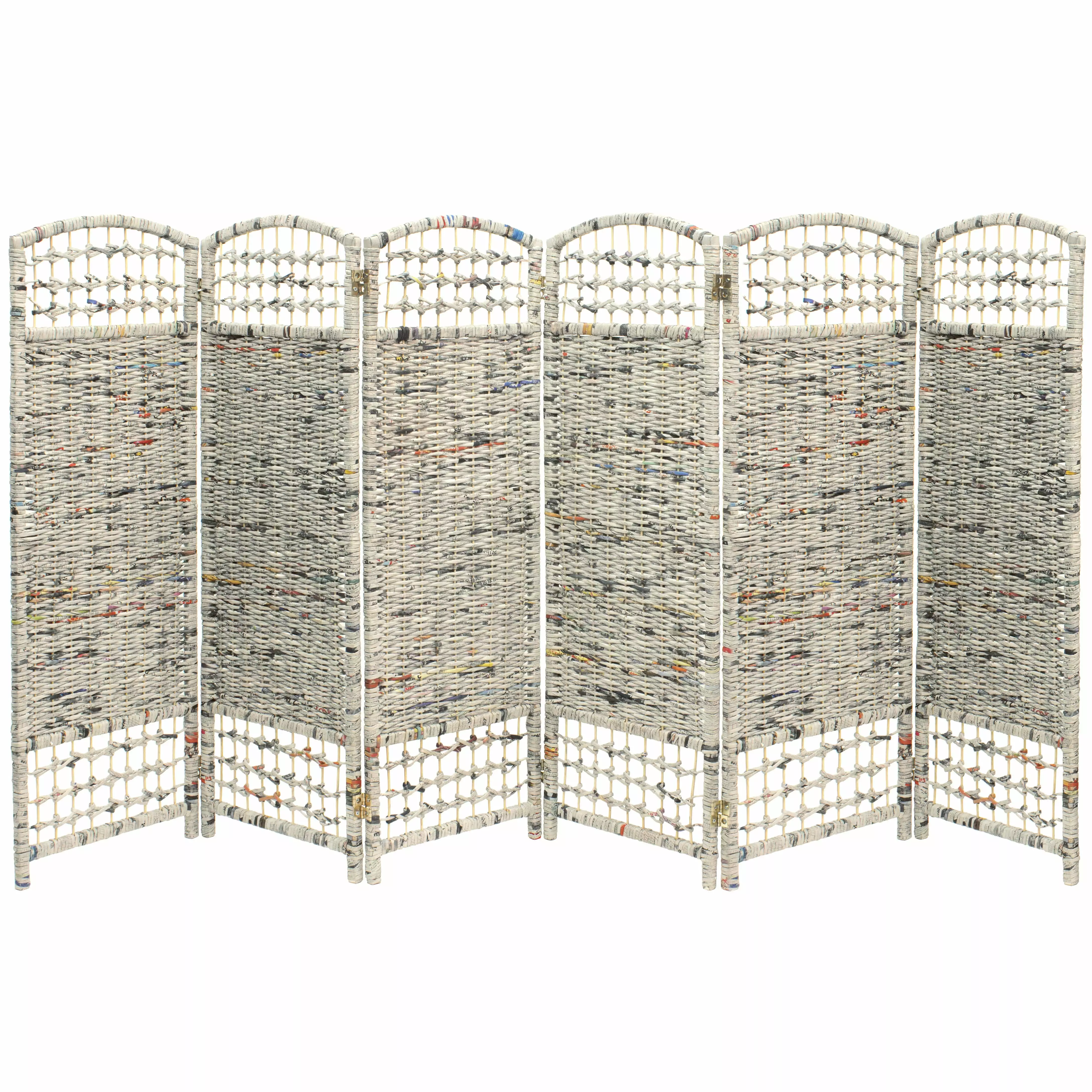 4 ft Tall Origami Style Recycled Hong Kong Newsprint Screen Divider - 6 Panels Eco-Friendly Oriental Furniture