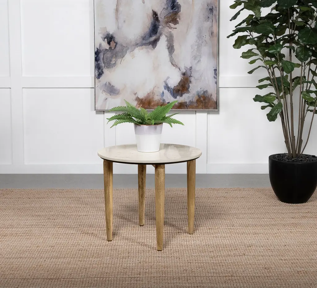 Aldis Round Marble Top End Table White and Natural - Stylish Living Room Side Table