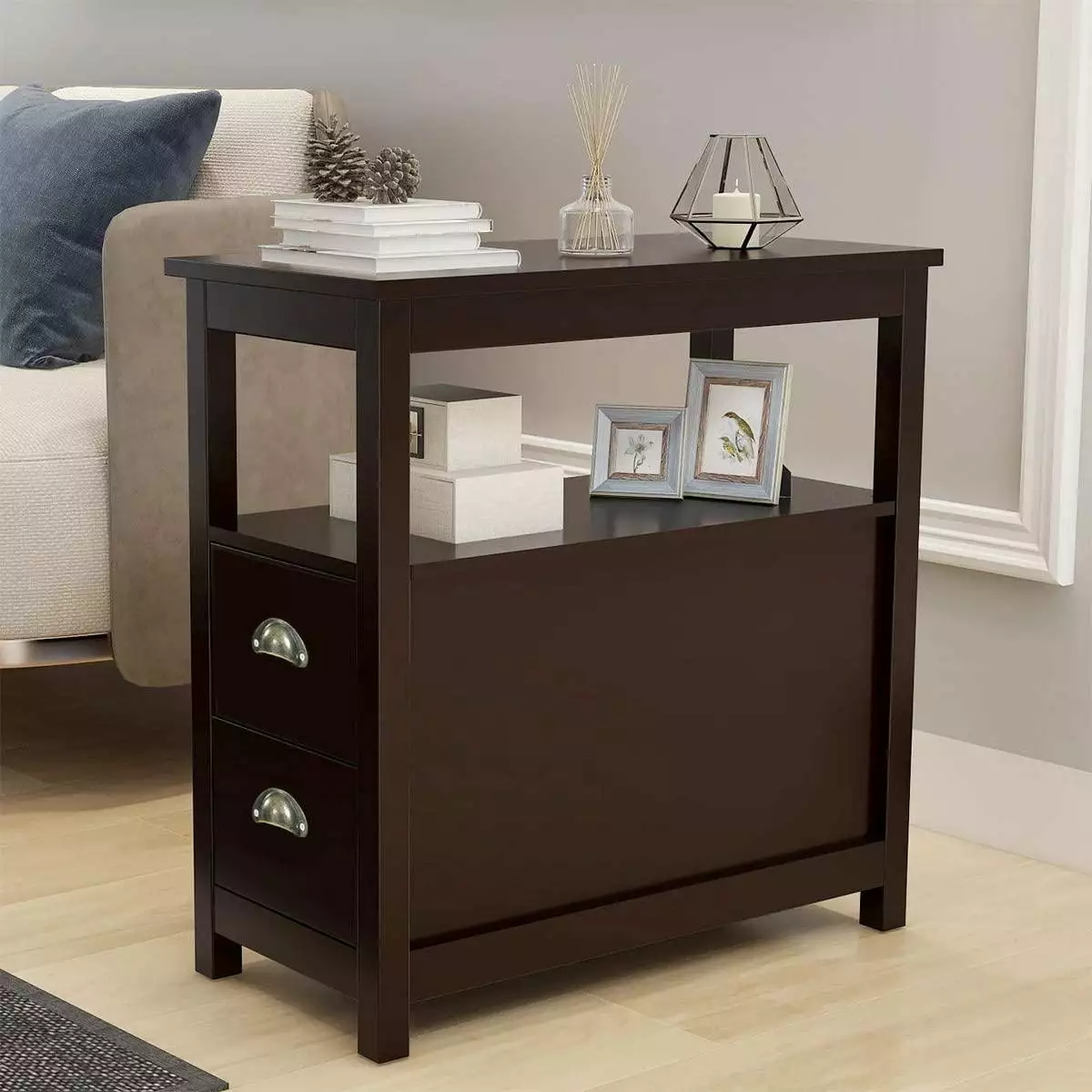 End Table 2 Drawer and Open Shelf Narrow Nightstand Living Room Sofa Furniture Espresso ARCTICSCORPION