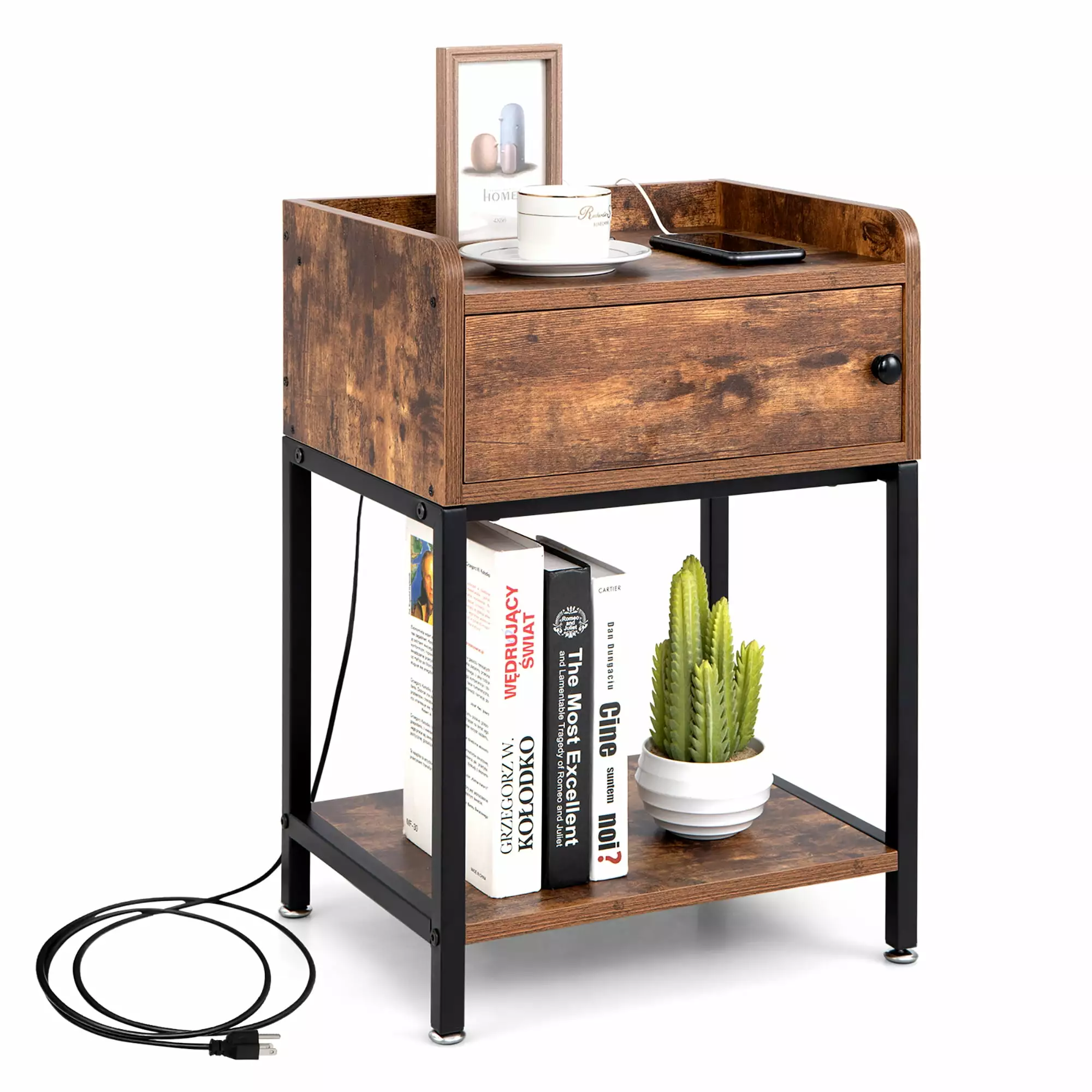 Costway Nightstand Charging Station Sofa Side Table Storage Cabinet Shelf End Table Bedroom