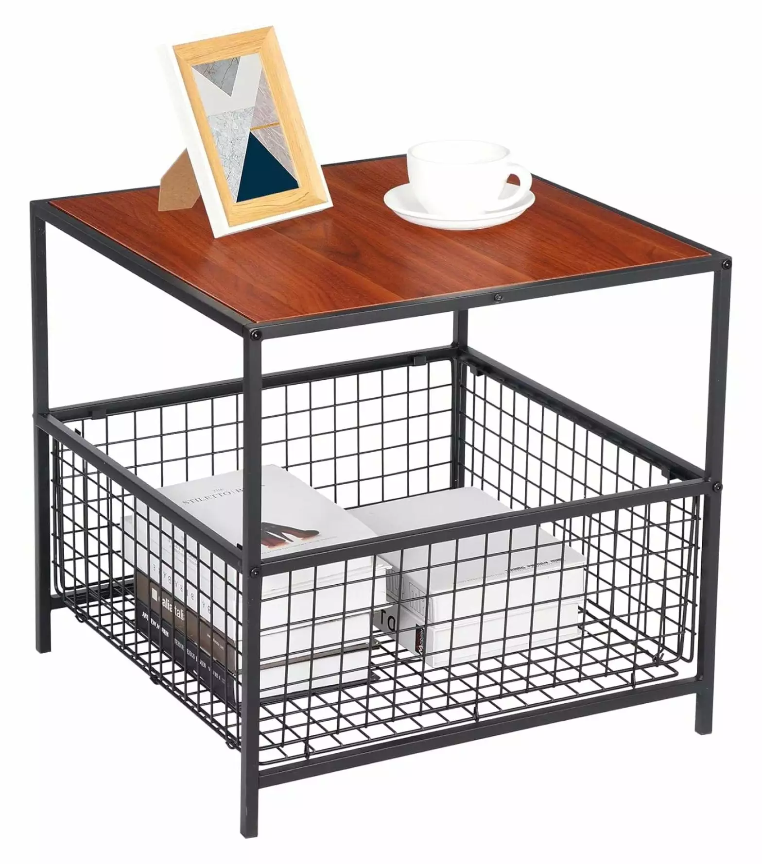 Ditangy 20 Inch Red Mahogany Side Table Wire Storage Mini Fridge Stand