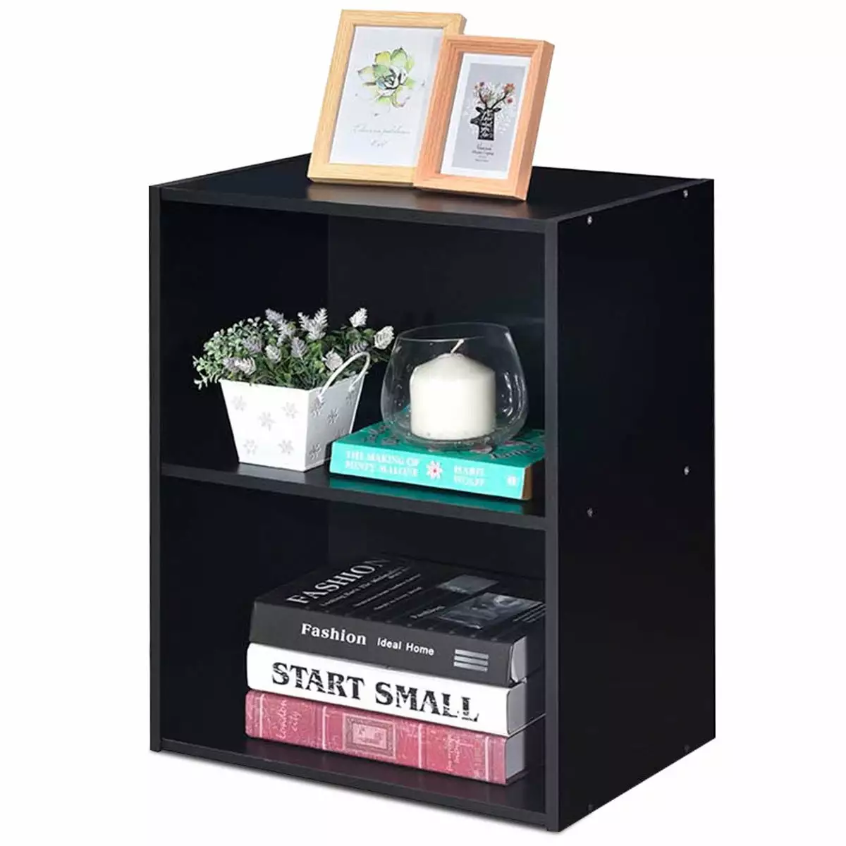 Gymax Black 2-Tier Open Shelf Night Stand End Table Sofa Side Storage Display Furniture