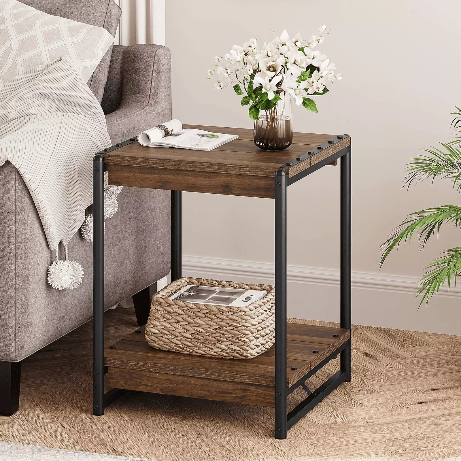 IDEALHOUSE Farmhouse End Table 19.6 Inch Industrial Side Table 2 Tier Storage Shelves Walnut Brown
