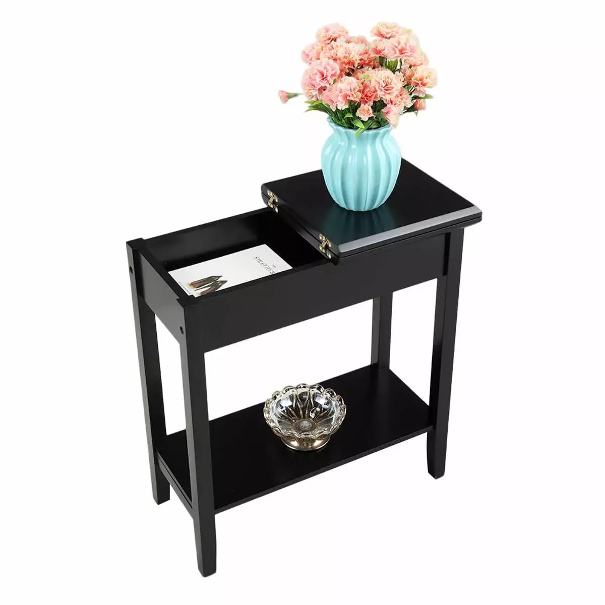 Jaxpety Black Flip Top End Table Storage Drawer Narrow Side Table Nightstand 24 Inch