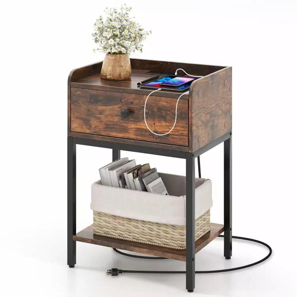 Kepooman Nightstand Farmhouse Side Table Drawers Charging Stand Rustic Brown