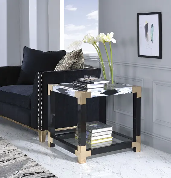 Lafty White Brushed Clear Glass End Table - Contemporary Side Table Living Room