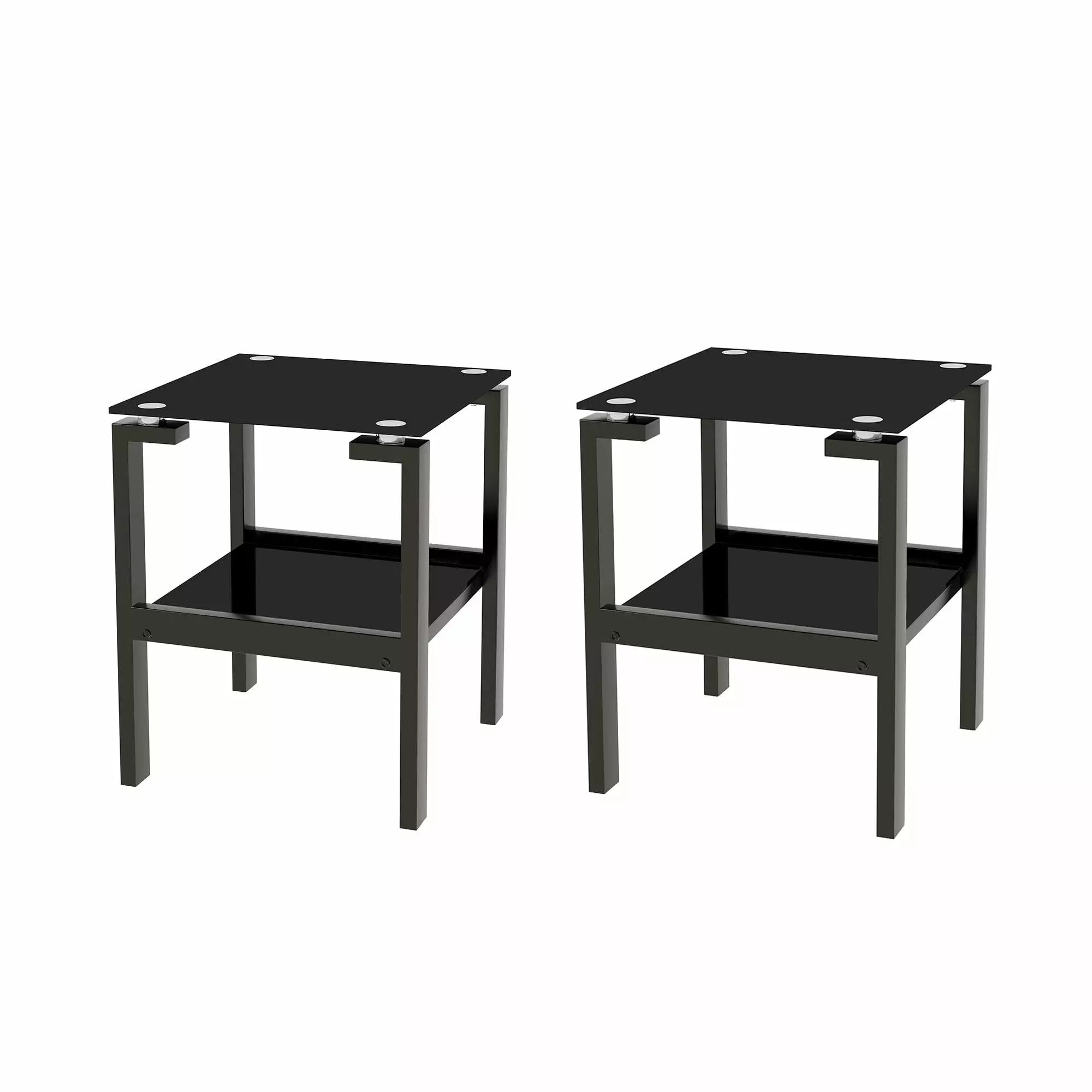 2-Piece Black Tempered Glass End Table Set 2-Layer Storage Shelf Console Leadbon