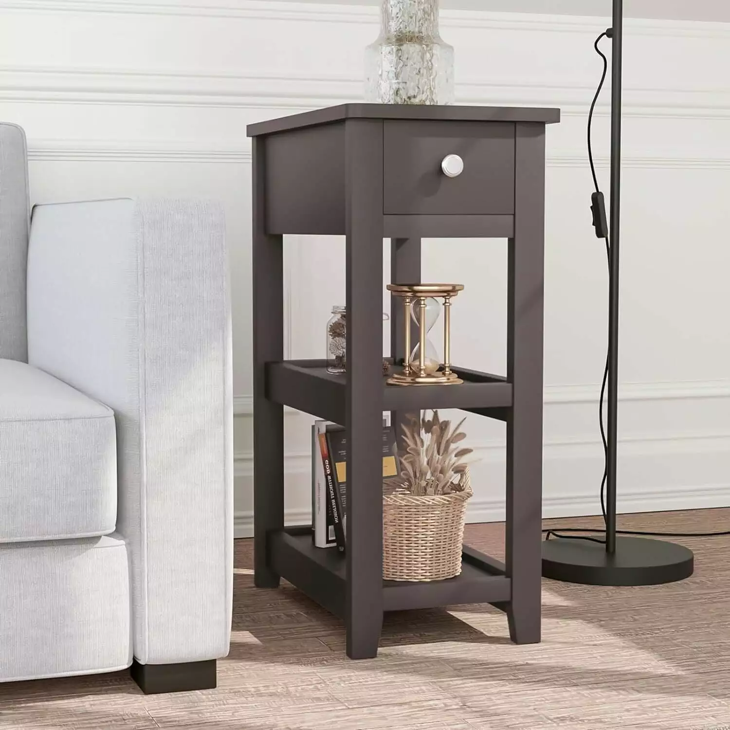 End Table Drawer and Shelves Narrow Side Table Bedside Nightstand NOBRAND