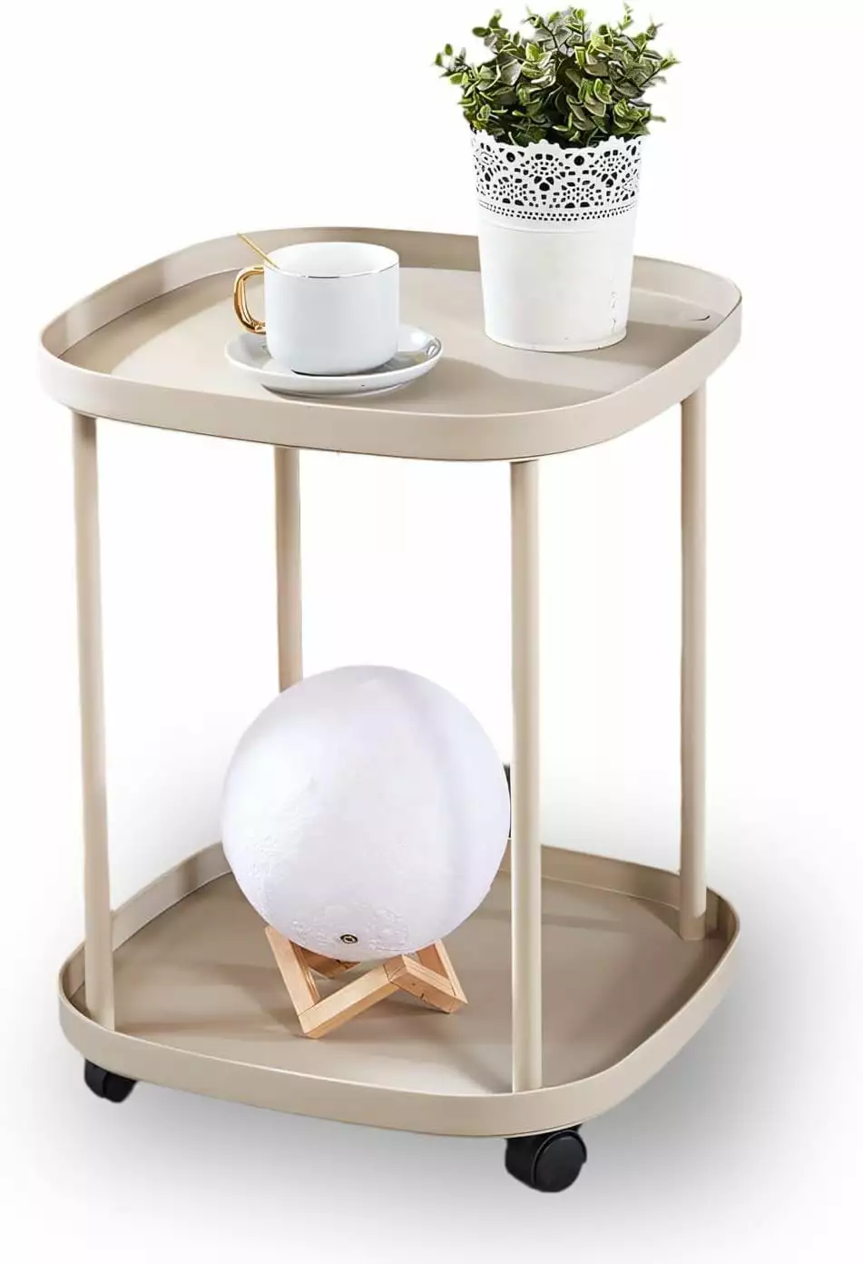Side Table Wheels 2 Tier End Table Mobile Sofa Accent Table Easy Assembly Small Night Stand Khaki TRAHOO