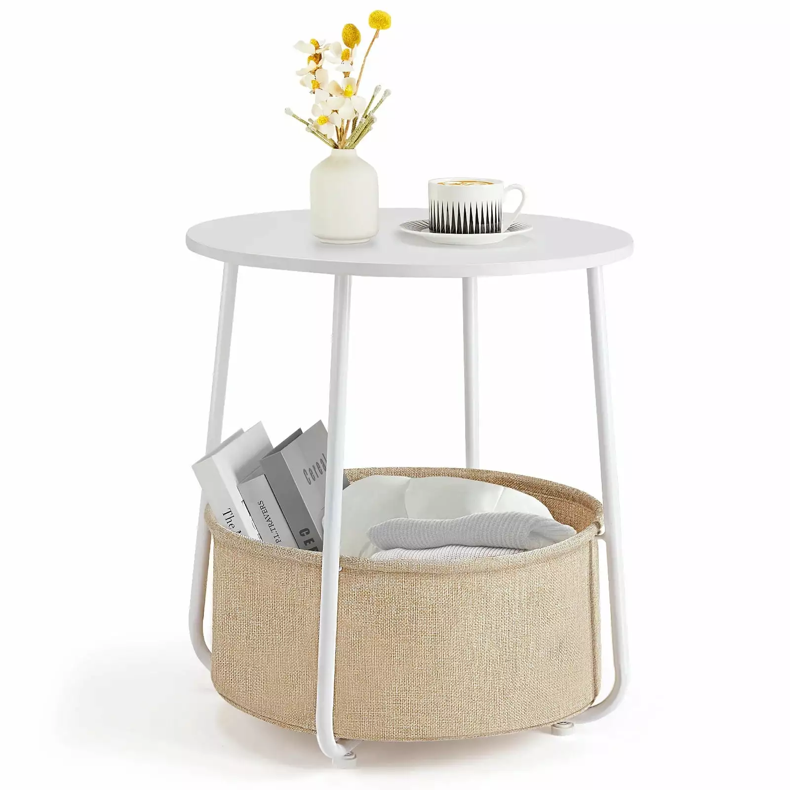 Small Round Side End Table Modern Nightstand Fabric Bin Bedroom White Beige unknown