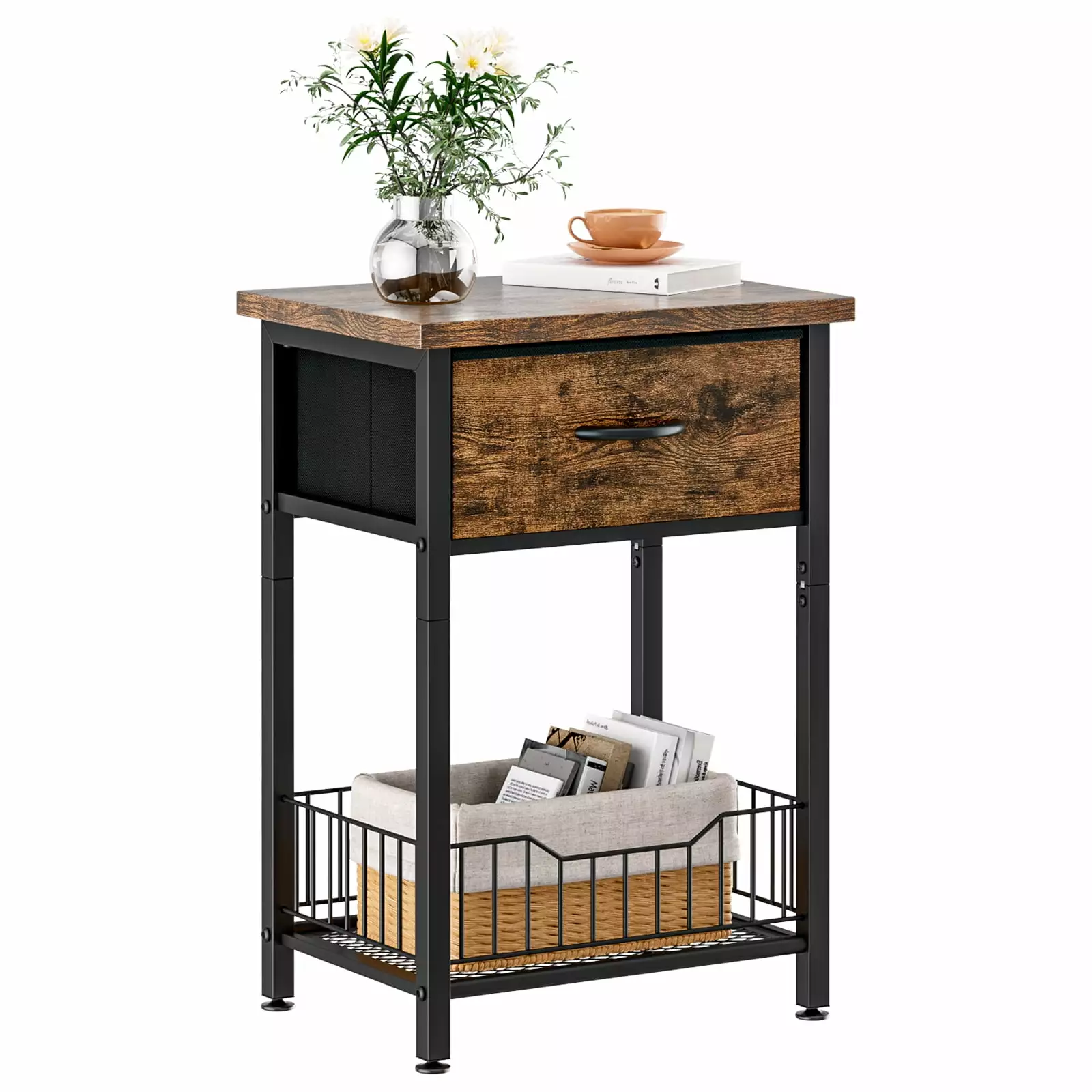 Untyo Nightstands End Table Fabric Drawer & Storage Shelf Retro Bedside Tables Living Room Bedroom