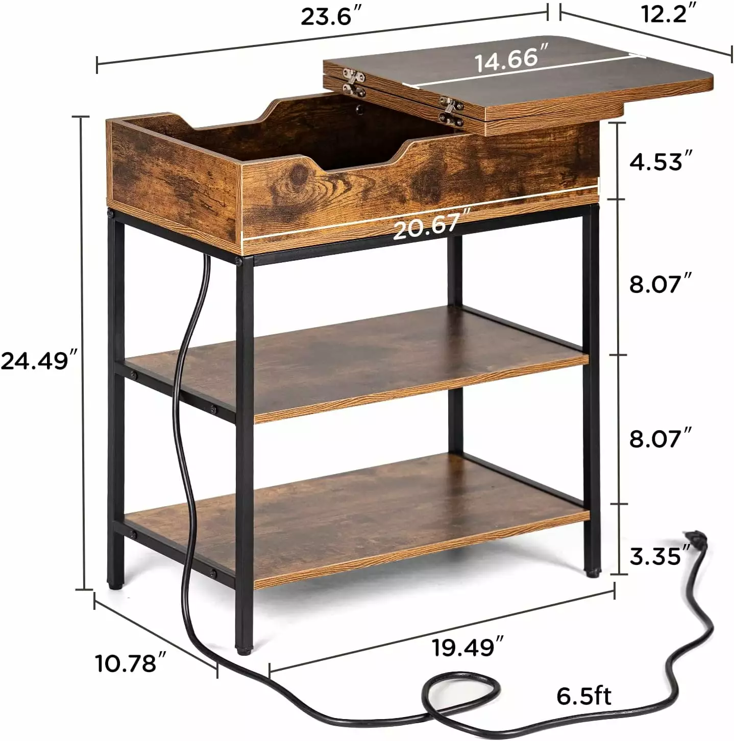 Flip End Table Charging Station Narrow End Table USB-C Power Outlets Small Spaces Nightstand Storage Shelves Living Room B...