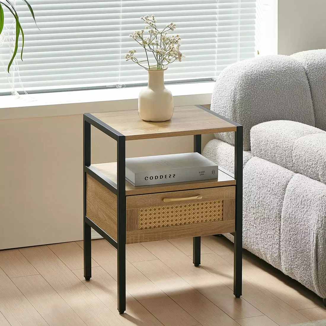 Yone JX JE 15.75 Rattan End Table Drawer Modern Nightstand Metal Legs Side Table