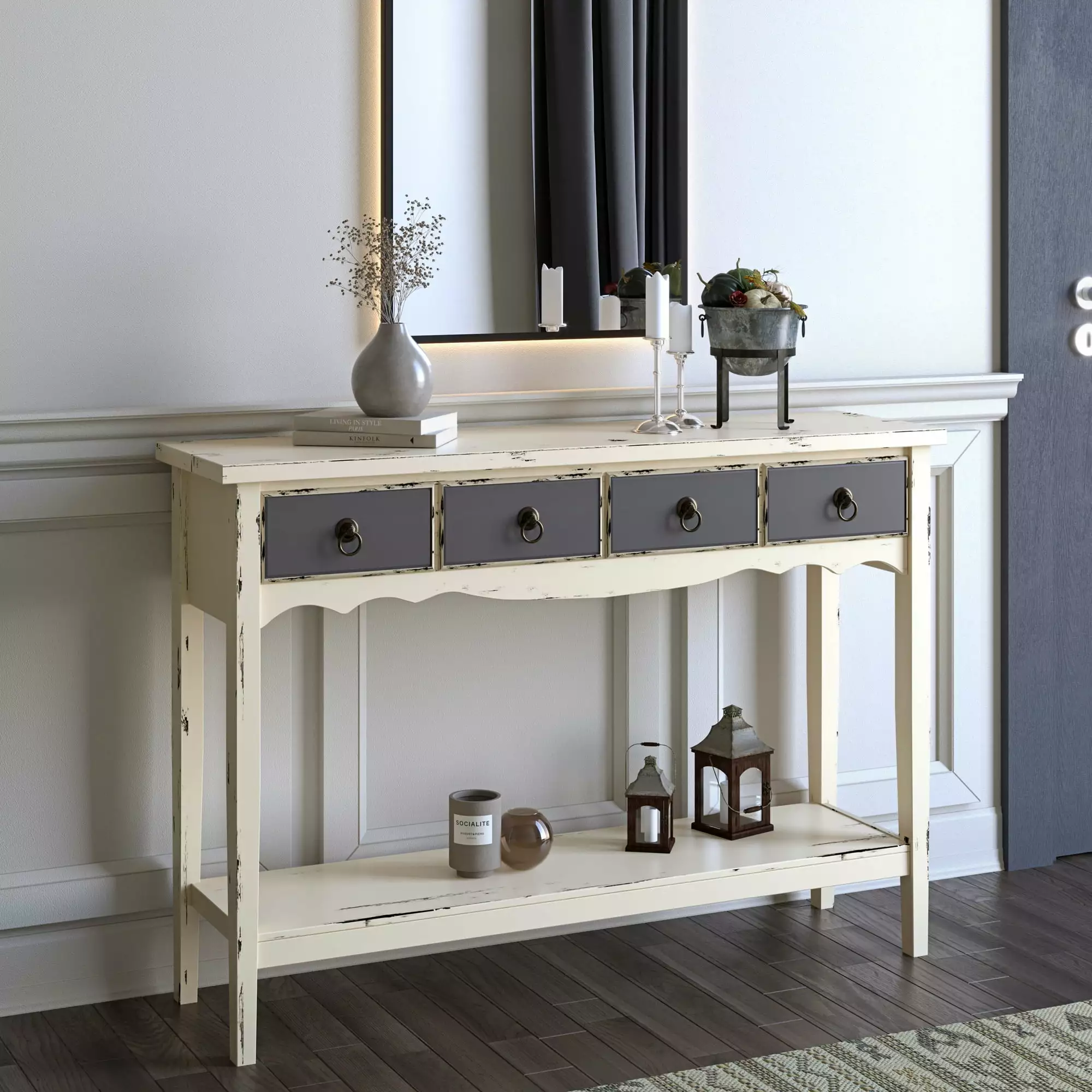 BELLEZE Antique White Sofa Table Entertainment Console Living Room Console