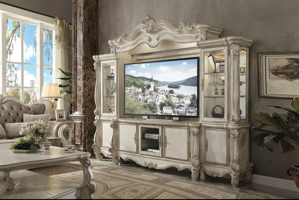 Versailles Bone White Entertainment Center - Stylish TV Stand Side Piers & Bridge