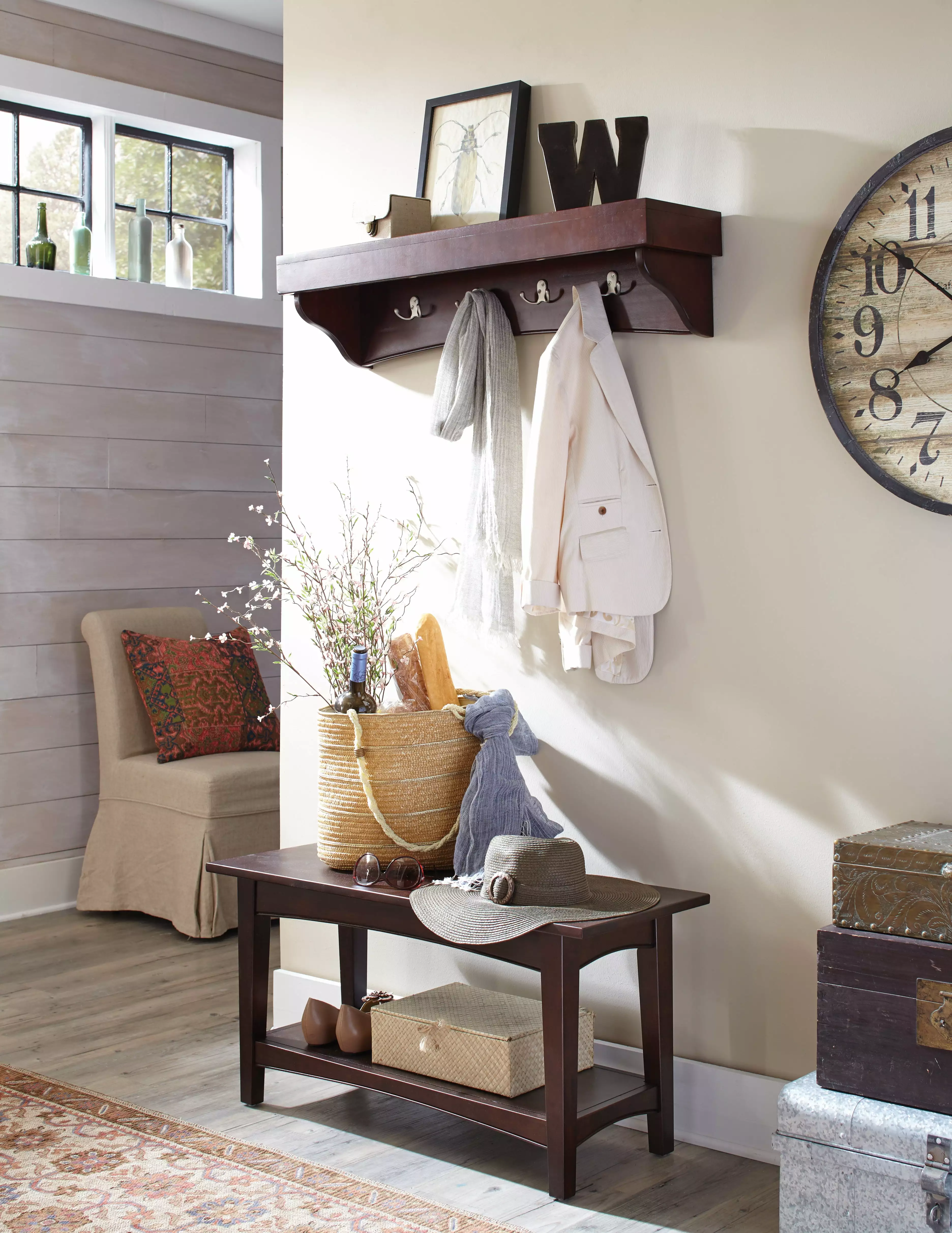 Alaterre Shaker Cottage Bench Coat Hooks and Tray Espresso Finish Benches