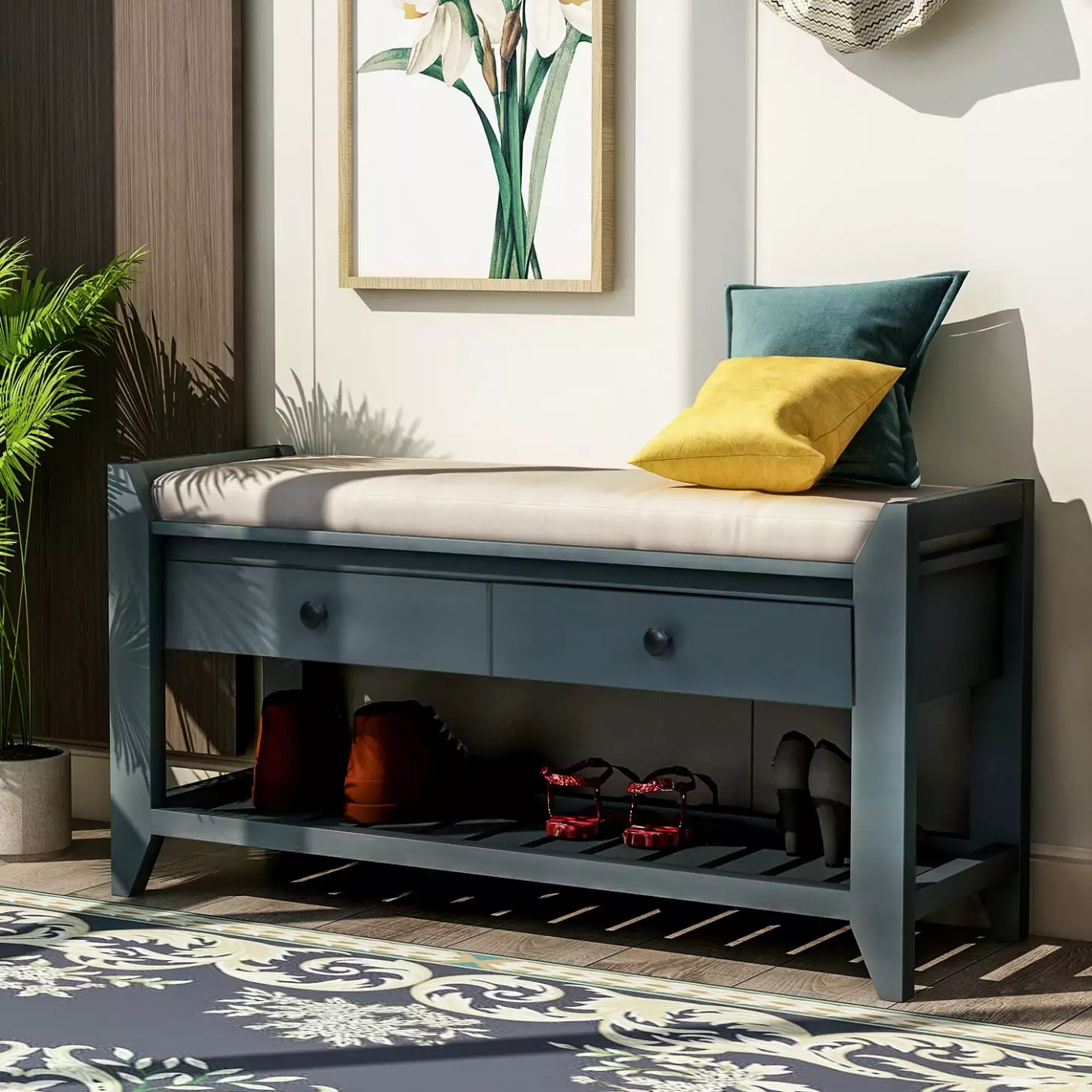 Antique Navy Entryway Shoe Rack Storage Bench Soft Cushion Seat and Solid Wood Construction Benches HATNOKIL