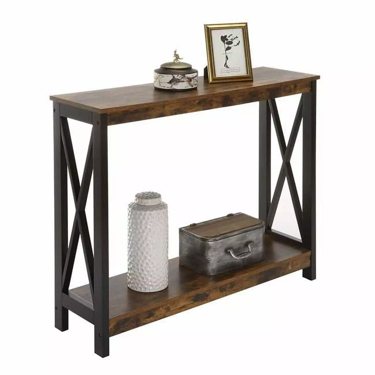 Oxford Console Table Shelf Barnwood and Black Finish Console Convenience Concepts