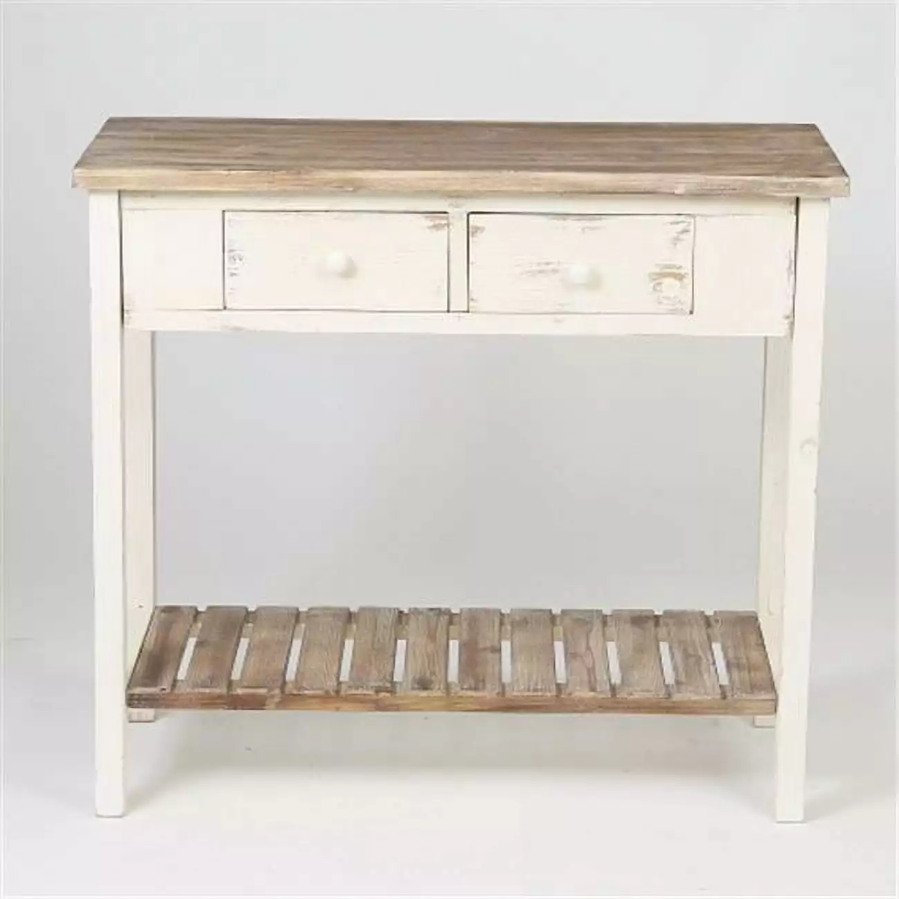 LuxenHome Distressed White and Wood 2-Drawer 1-Shelf Console Entry Table Console
