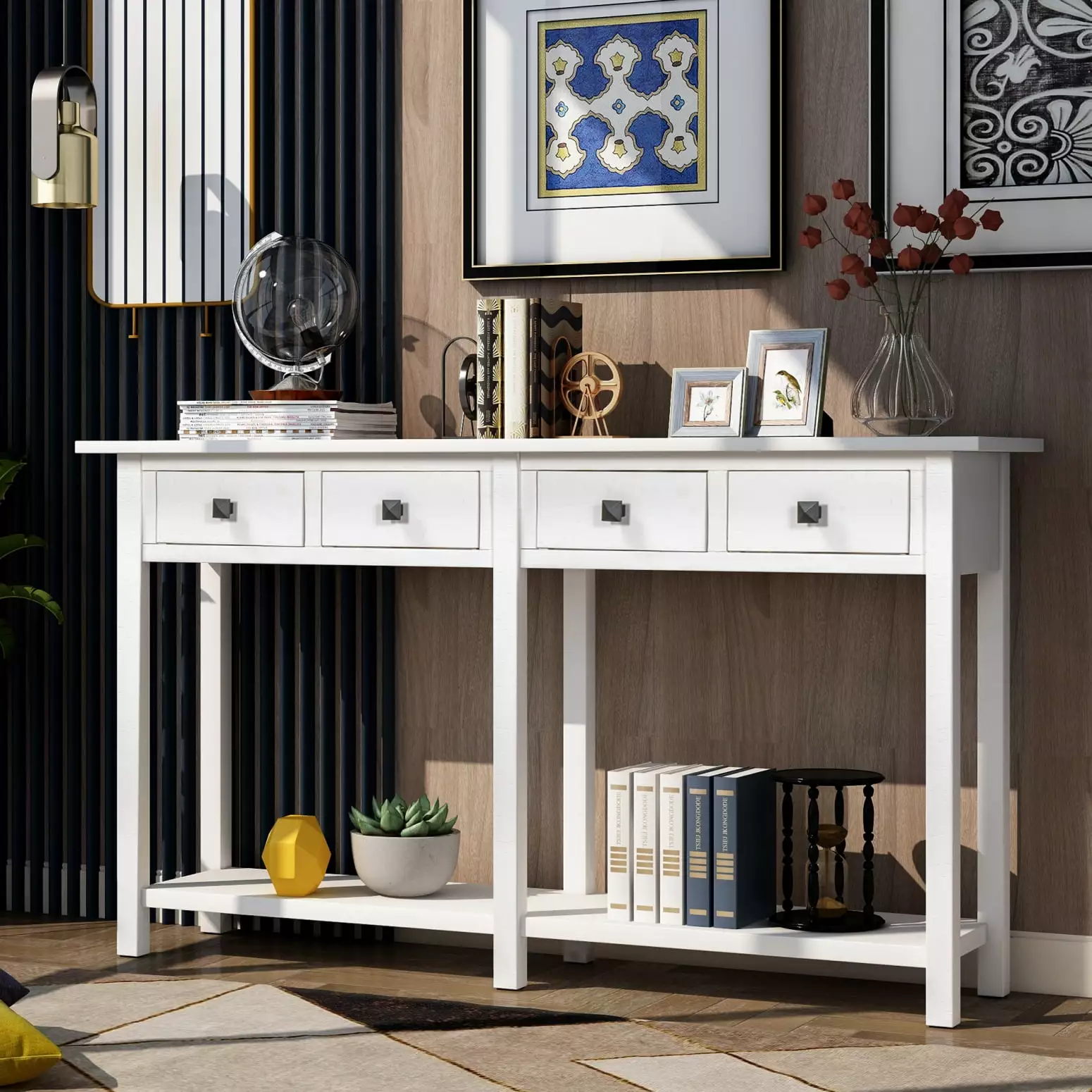 Ivory White Console Table Drawer and Lower Shelf Solid Wood Entryway Table Living Room Storage Console Ponnky